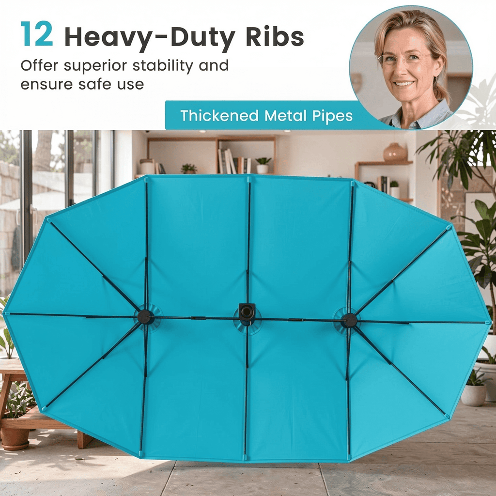 Biotree 15 Feet Double-Sided Twin Patio Umbrella with Crank and Base-Turquoise Beige Brown Blue Grey Orange Red Turquoise Black