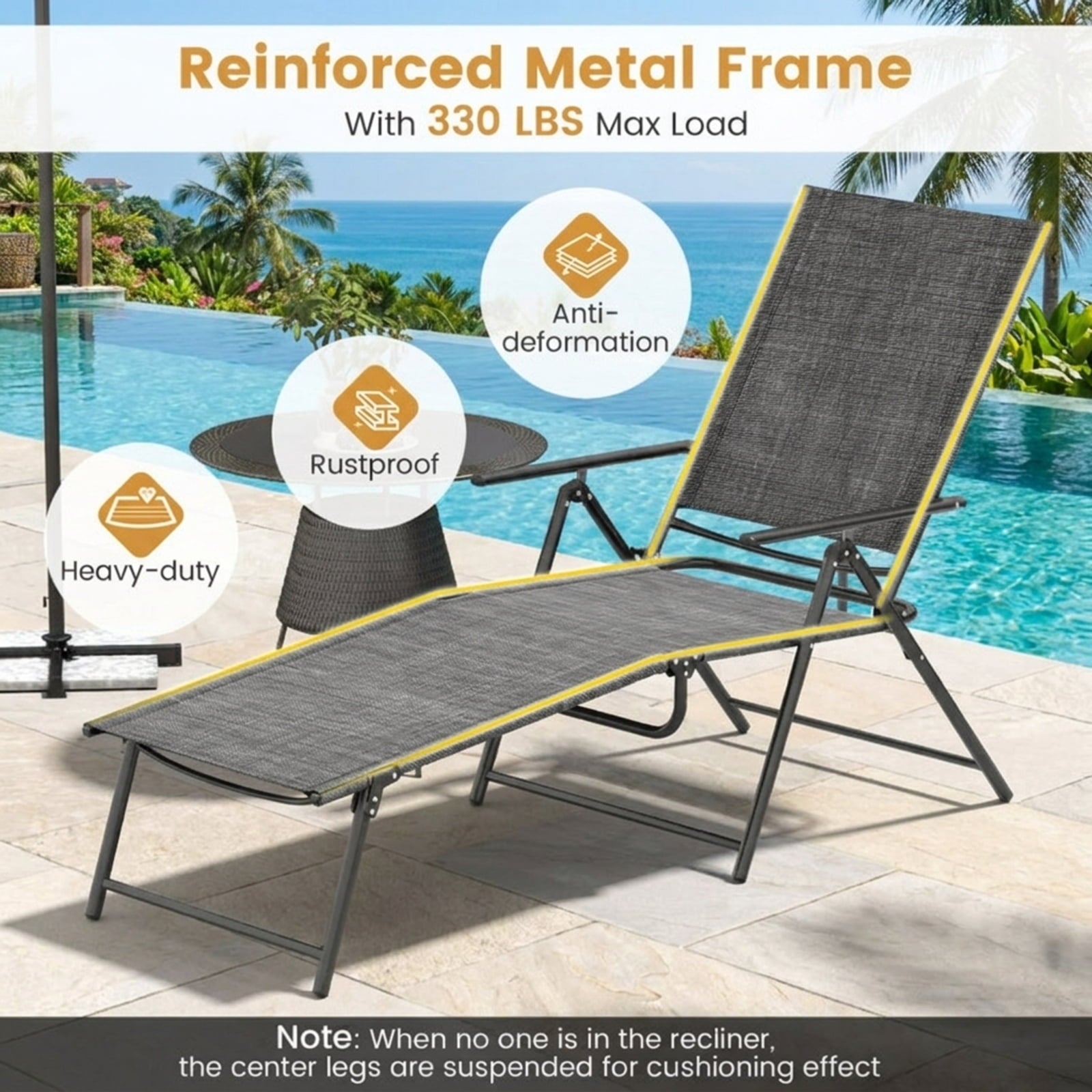 Biotree 2 Piece Patio Folding Chaise Lounge Chairs Recliner with 6-Level Backrest Stackable Patio Chair for Garden BackyardGray