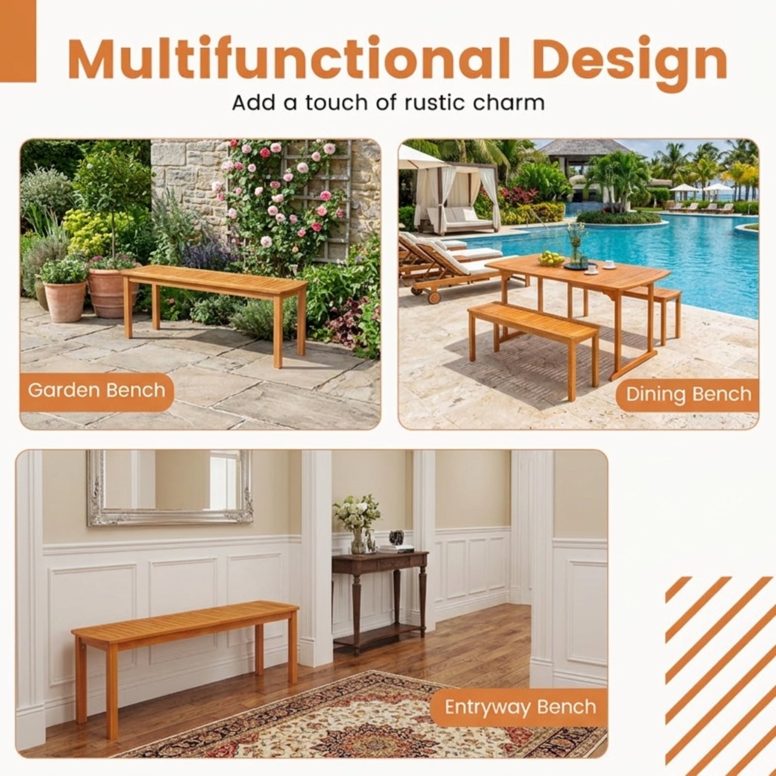 Biotree Acacia Wood Outdoor Bench with Slatted Seat for Garden Stackable Patio Chair for Garden BackyardNatural