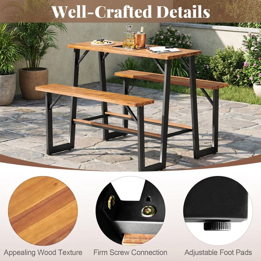 Biotree Patio Picnic Table Bench Set with Acacia Wood Tabletop and Benchtop, Black