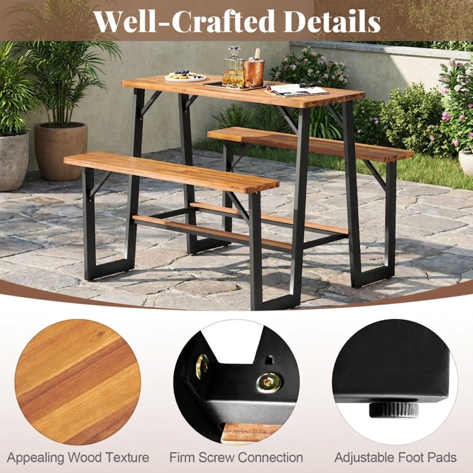 Biotree Patio Picnic Table Bench Set with Acacia Wood Tabletop and Benchtop, Black