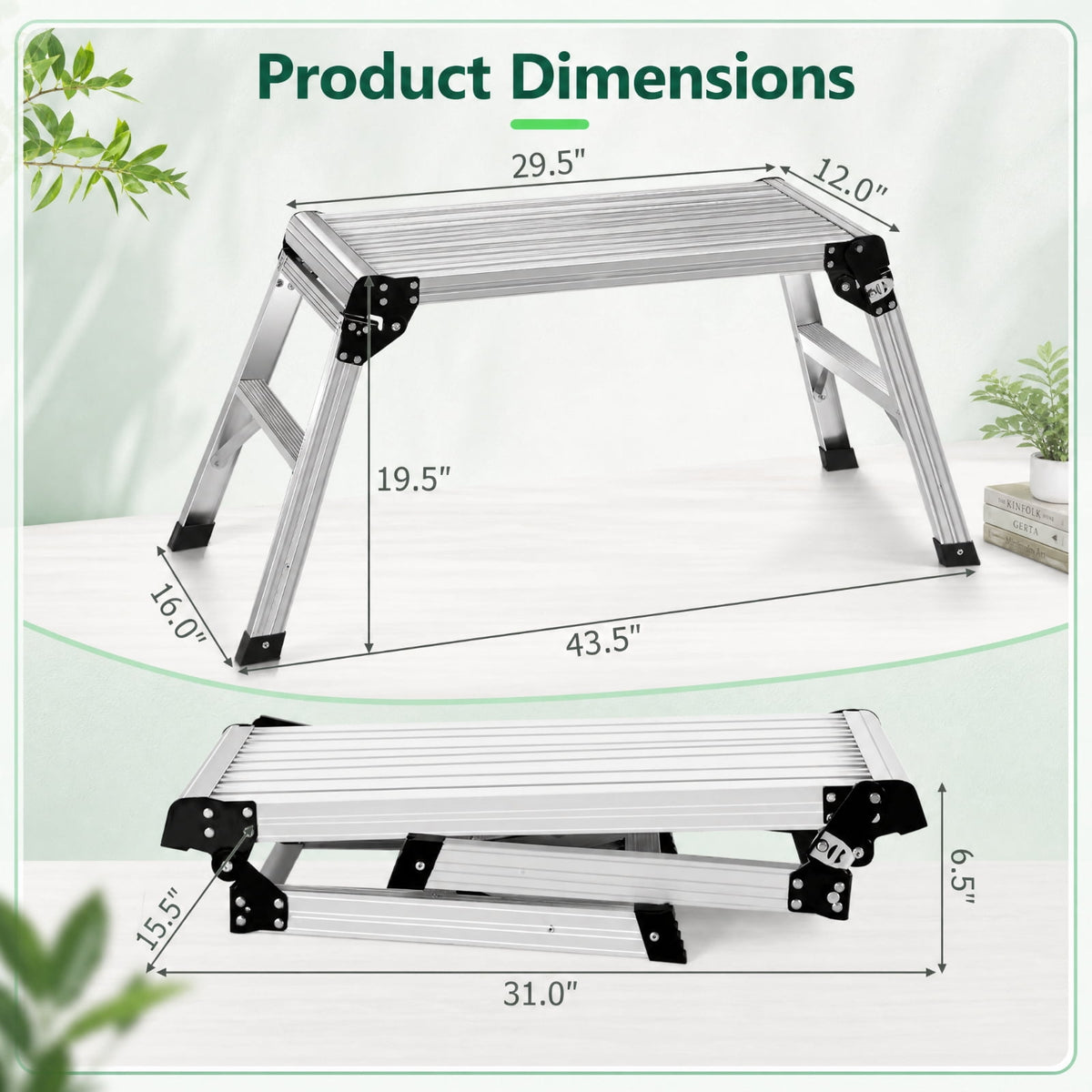 Biotree Folding Aluminum Work Platform Ladder with 330 lb Capacity, 29.5 x 12-Inch Anti-Slip Surface and Locking Legs for Home Maintenance, Silver