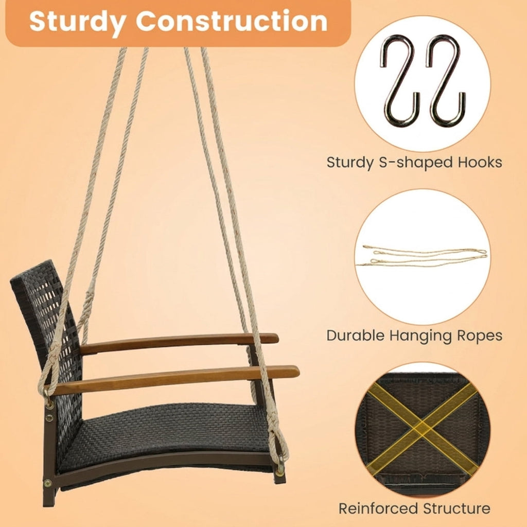 Biotree Single Rattan Porch Swing with Armrests Cushion and Hanging Ropes for Patio Porch Garden Backyard Outdoor, White