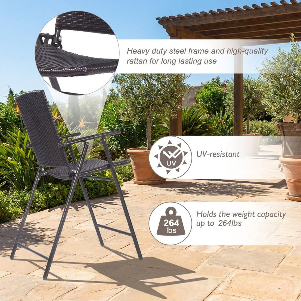 Biotree Set of 4 Folding Bar Chairs PE Wicker Outdoor Indoor Folding Bar Stools with Footrests and Armrests, Brown