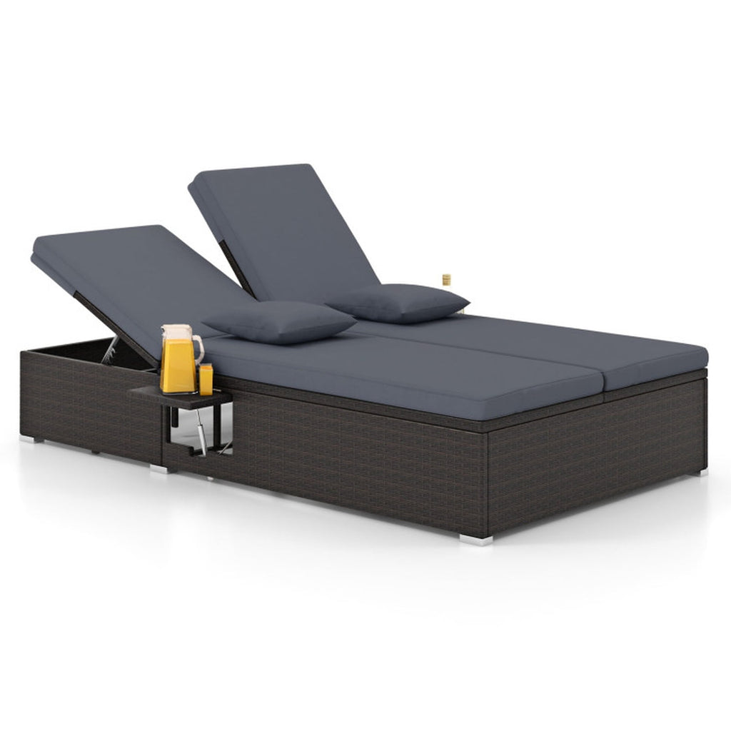 Biotree Patio Double Chaise Lounge with Cushions and Folding Side Trays Stackable Patio Chair for Garden BackyardGray