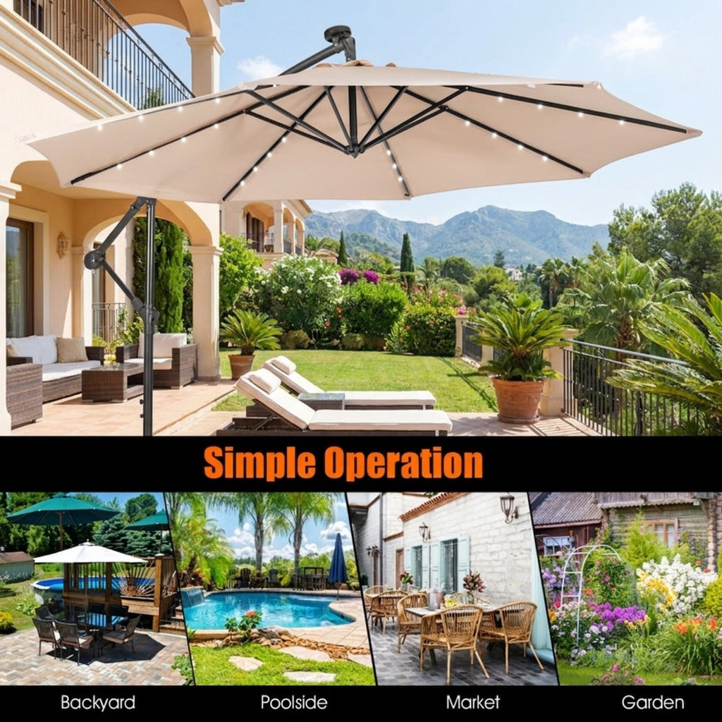 Biotree 10 FT Patio Umbrella, Patio Solar Powered Cantilever Umbrella with Tilting System for Patio Garden Backyard Pool, Beige
