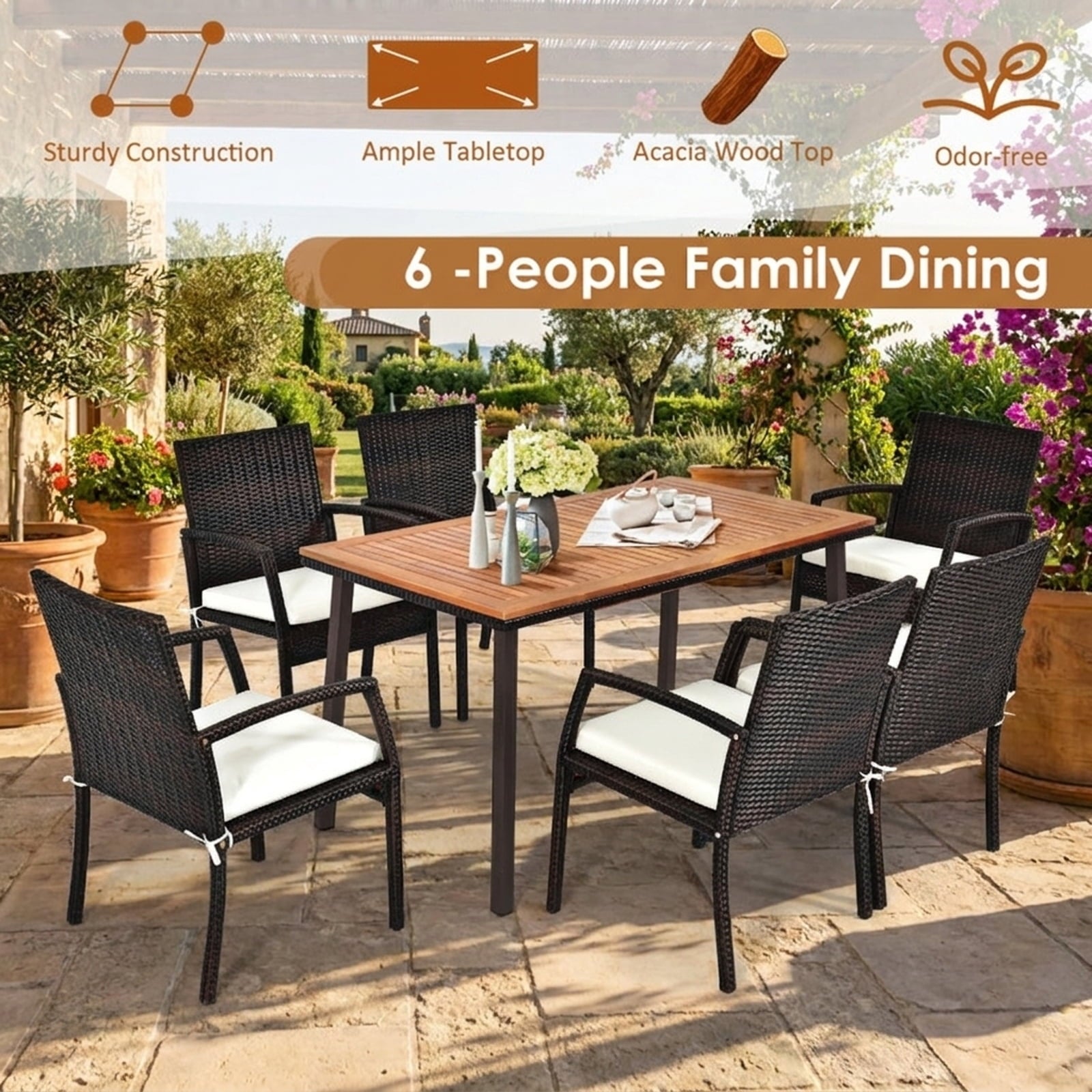 Biotree 55 Inch Patio Acacia Dining Table with Umbrella Hole, Black