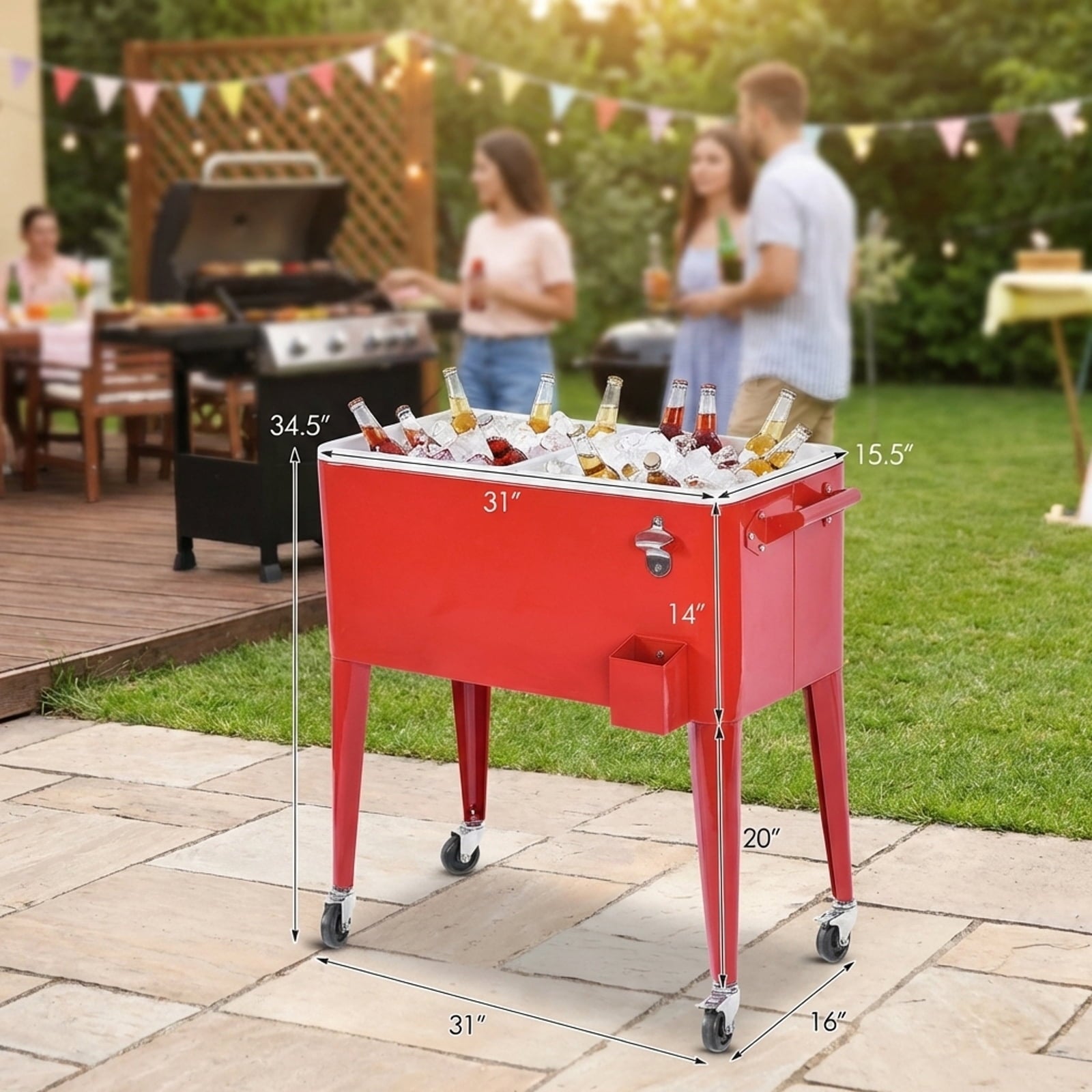 Biotree Portable Outdoor Patio Rolling Cooler Cart with Wheels and Drain Plug Ice Chest Cart for Party Beach Camping, Red