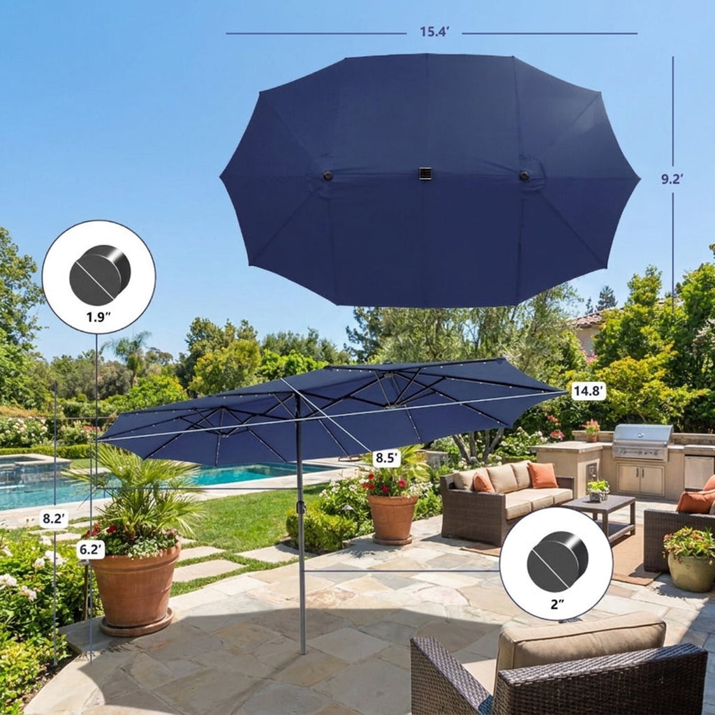 Biotree 15 ft Double-Sided Twin Patio Umbrella Solar LED Lights Outdoor Shade - Blue - UV Protection