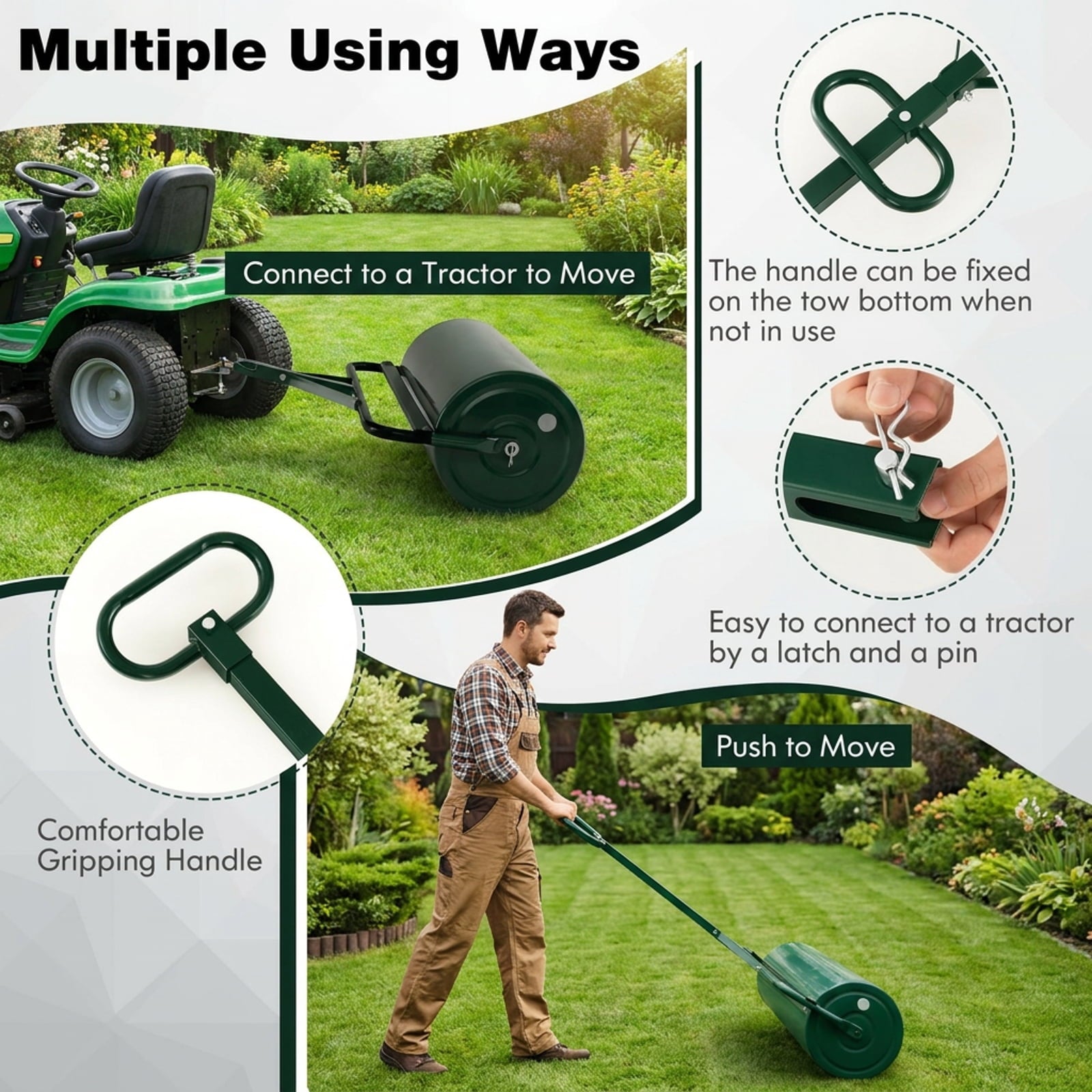 Biotree 39 Inch Wide Push/Tow Lawn Roller for Lawn Garden Yard Soil Care, Green