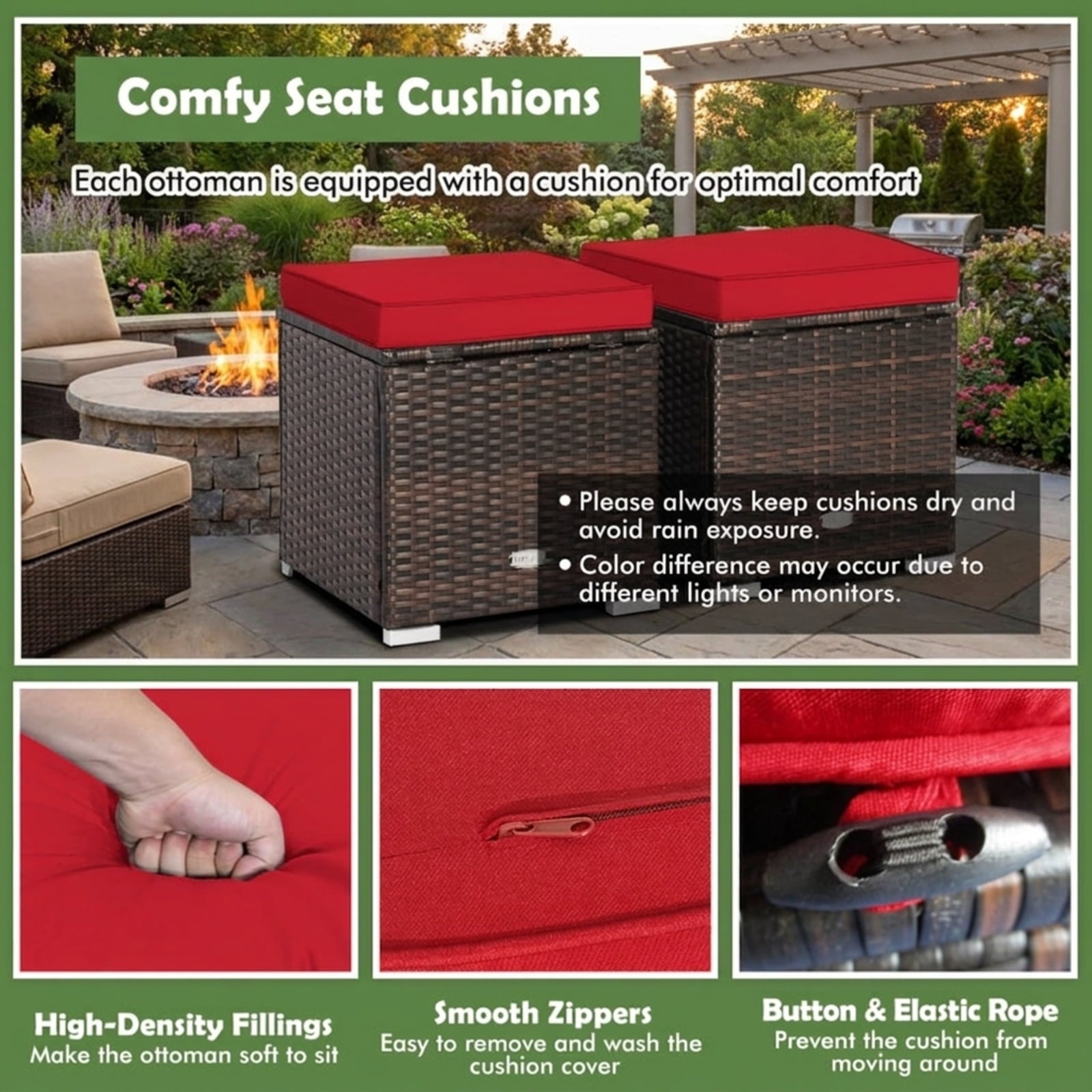 Biotree 2 Pieces Patio Ottoman with Removable Cushions Stackable Patio Chair for Garden BackyardRed