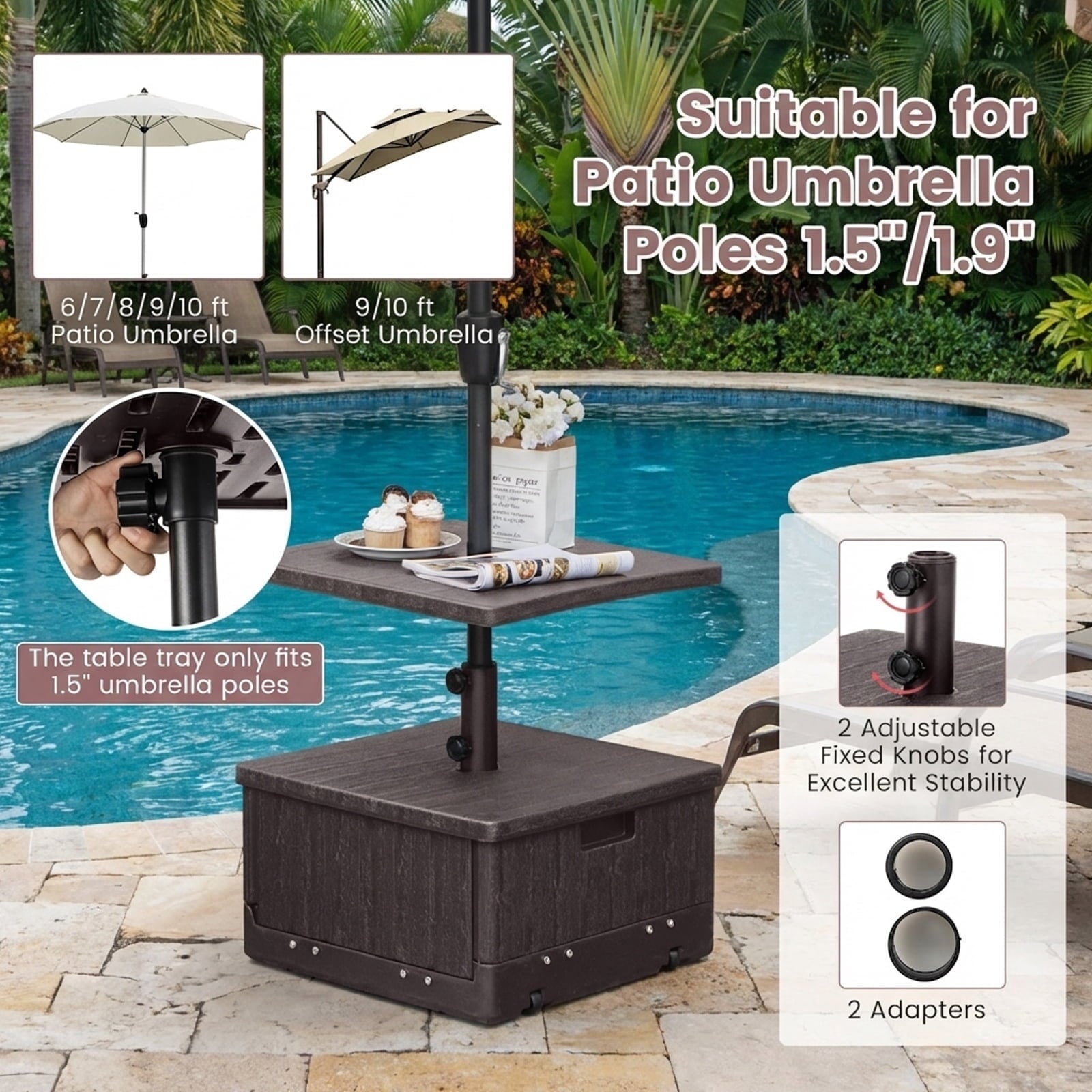 Biotree 175 LBS Outdoor Fillable Umbrella Base with Table Tray-Brown Deck Garden Pool Outdoor Living