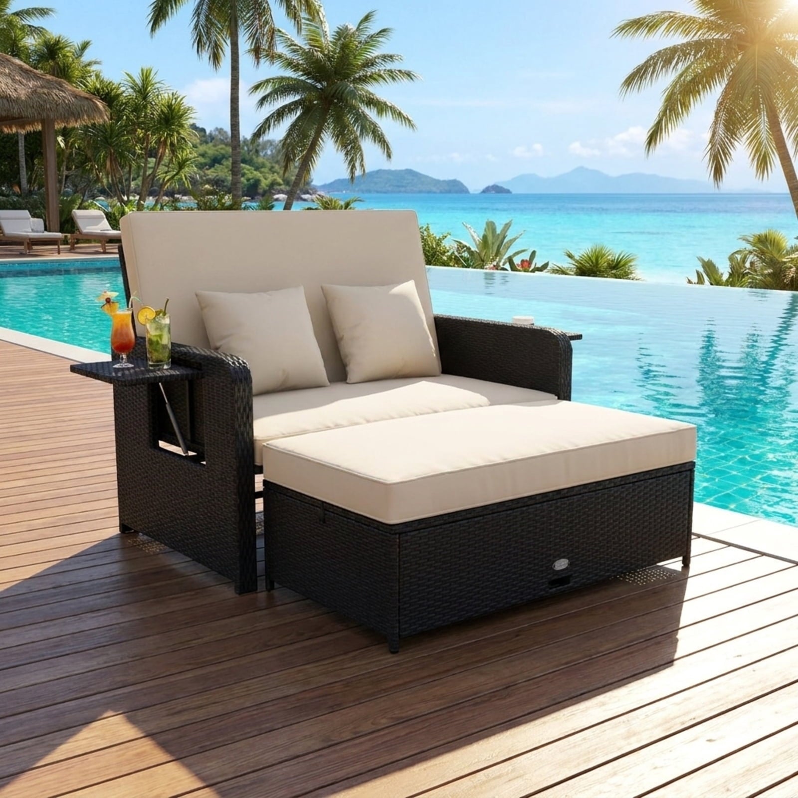 Biotree PE Wicker Outdoor Daybed with 4-Level Adjustable Backrest and Storage Ottoman Outdoor Conversation Set for Garden Backyard PorchWhite