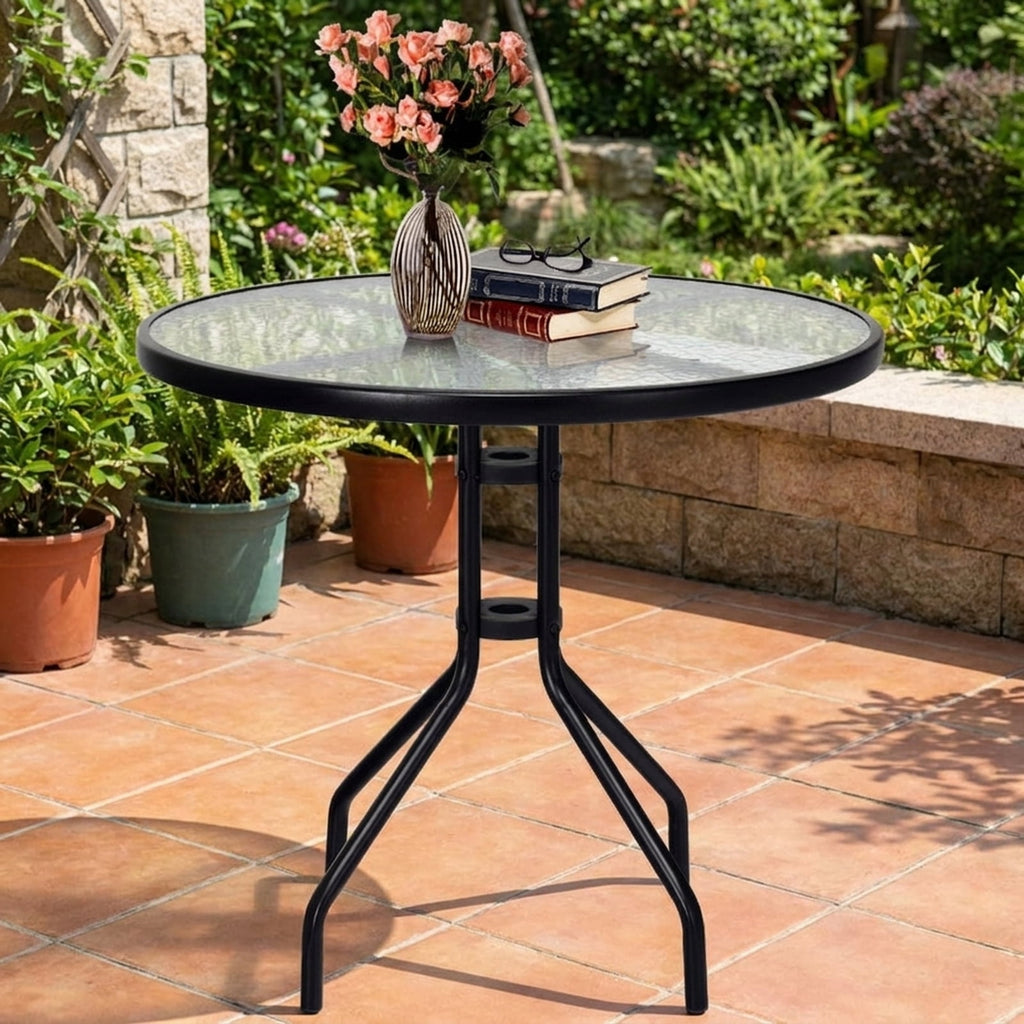 Biotree 32 Inch Outdoor Patio Round Tempered Glass Top Table with Umbrella Hole, Black