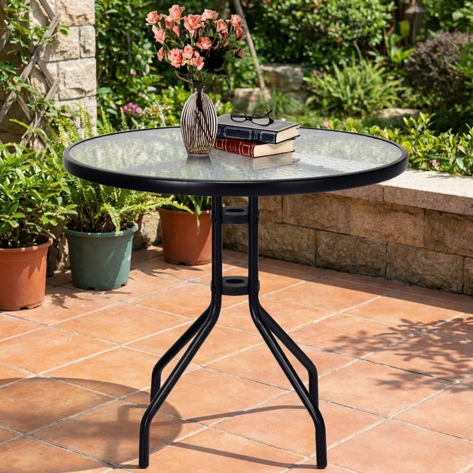 Biotree 32 Inch Outdoor Patio Round Tempered Glass Top Table with Umbrella Hole, Black