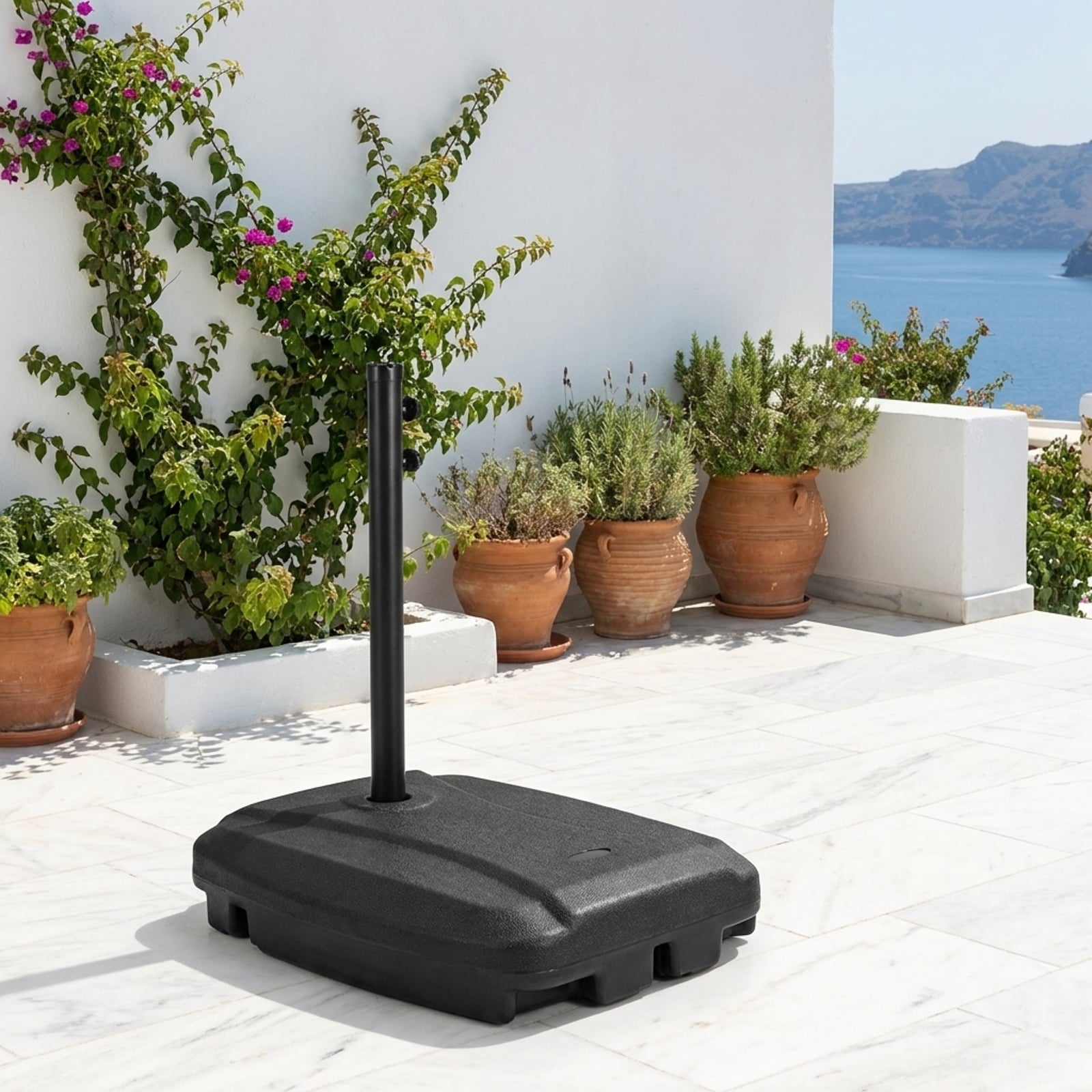 Biotree Fillable Universal Offset Umbrella Base with Cross Base and Wheels-Black Hanging Deck Garden