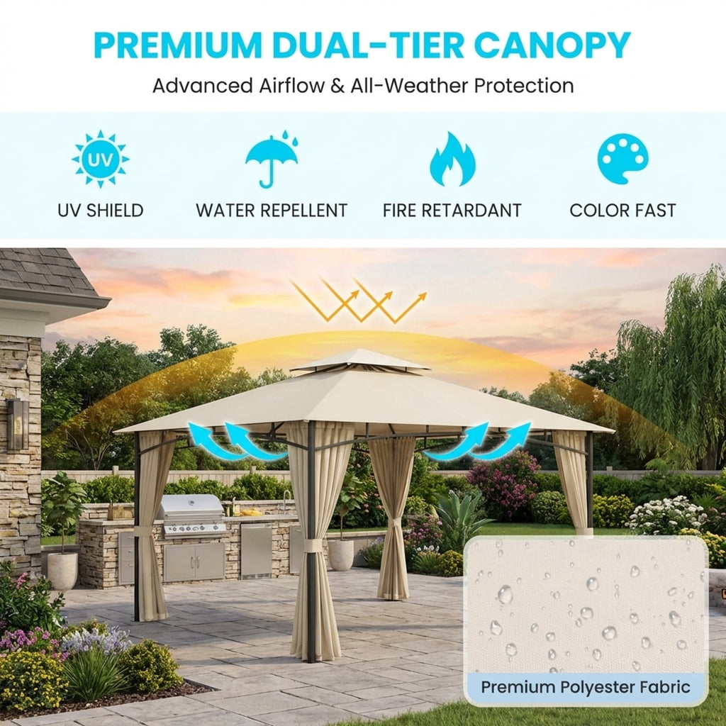 Biotree 12 x 10 Feet Outdoor Patio Gazebo with Netting and 2-Tier Canopy Roof Beige - Outdoor Patio Backyard Garden Shade Canopy Shelter