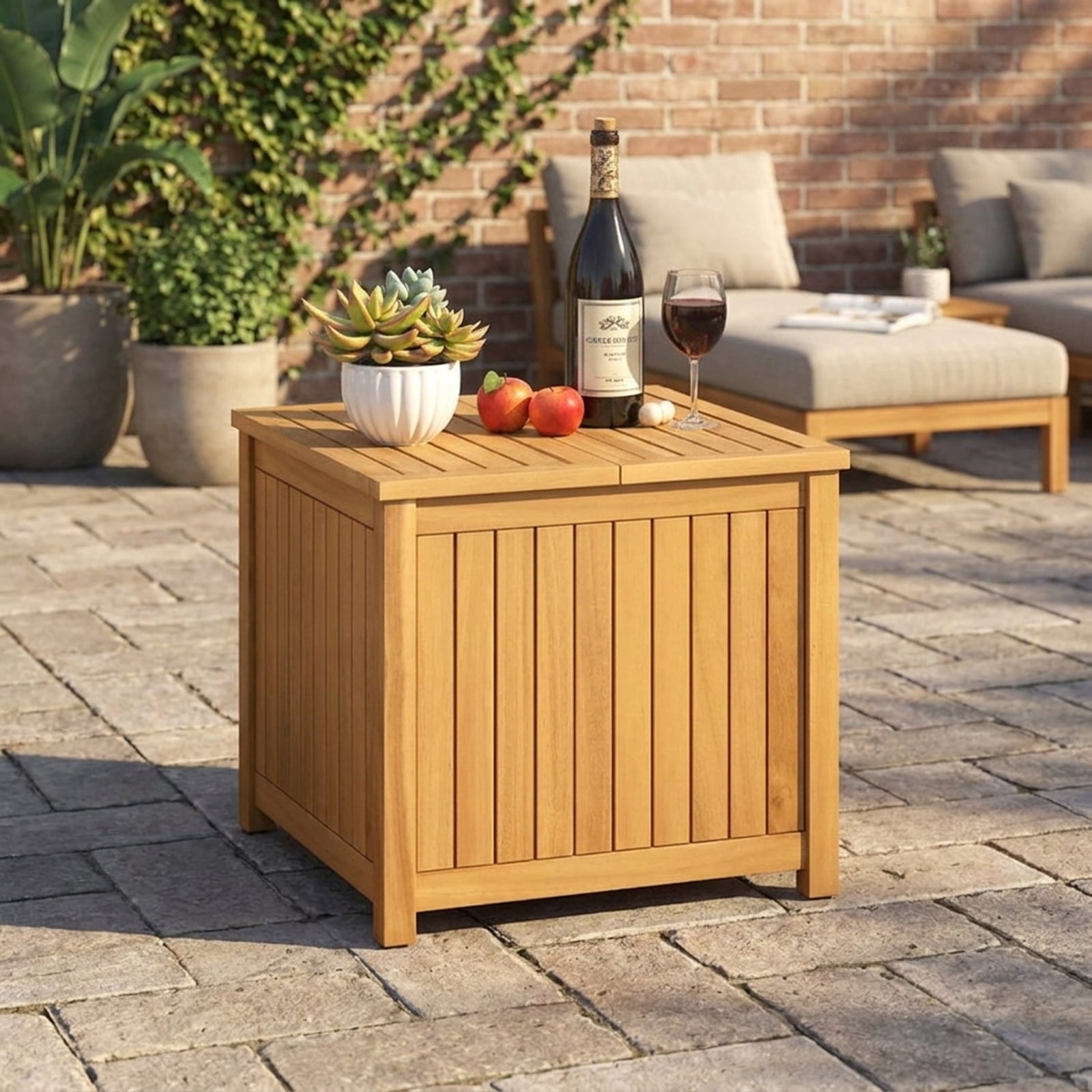 Biotree 2-in-1 Outdoor Side Table with Storage Acacia Wood Slatted Coffee Table Square Slatted End Storage Box with 2.3" Umbrella Hole, Natural