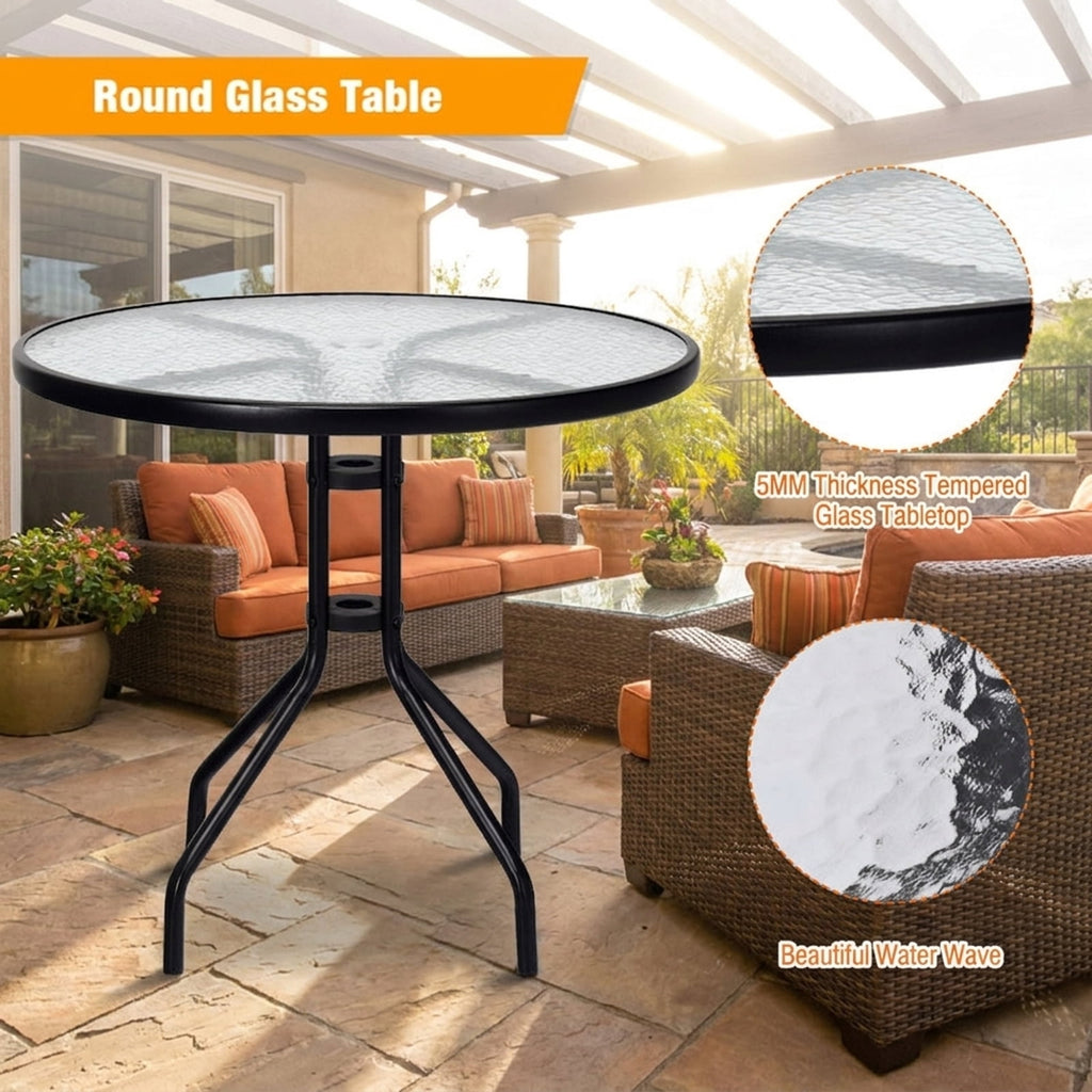 Biotree 32 Inch Outdoor Patio Round Tempered Glass Top Table with Umbrella Hole, Black