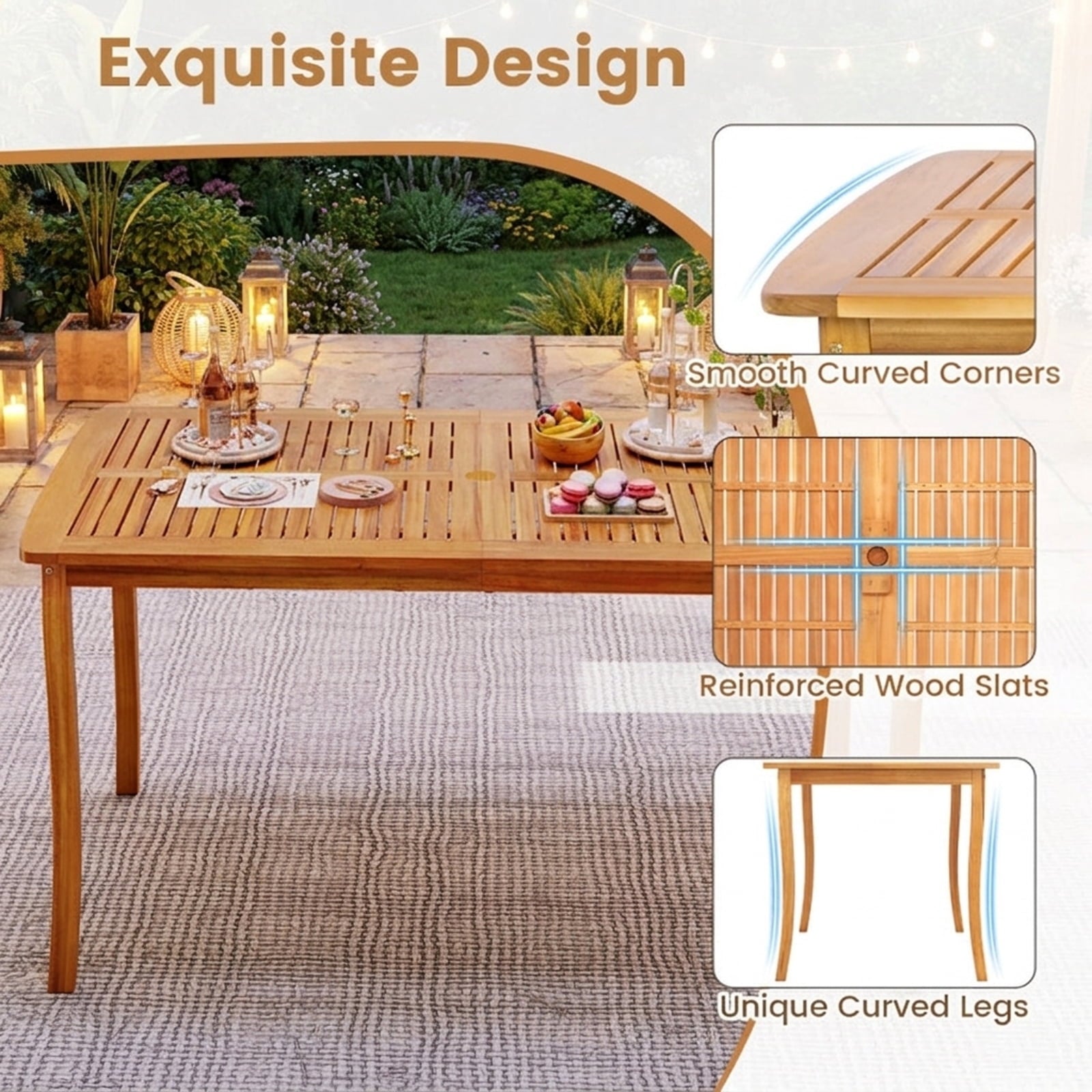 Biotree 63 inch Outdoor Dining Table with Umbrella Hole Farmhouse Bistro Dinette Furniture, Natural