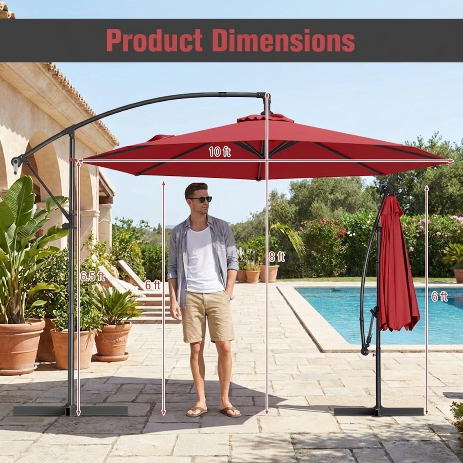 Biotree 10 ft Cantilever Patio Umbrella Offset Hanging with Cross Base, 8 Ribs - Wine for Backyard Garden Poolside