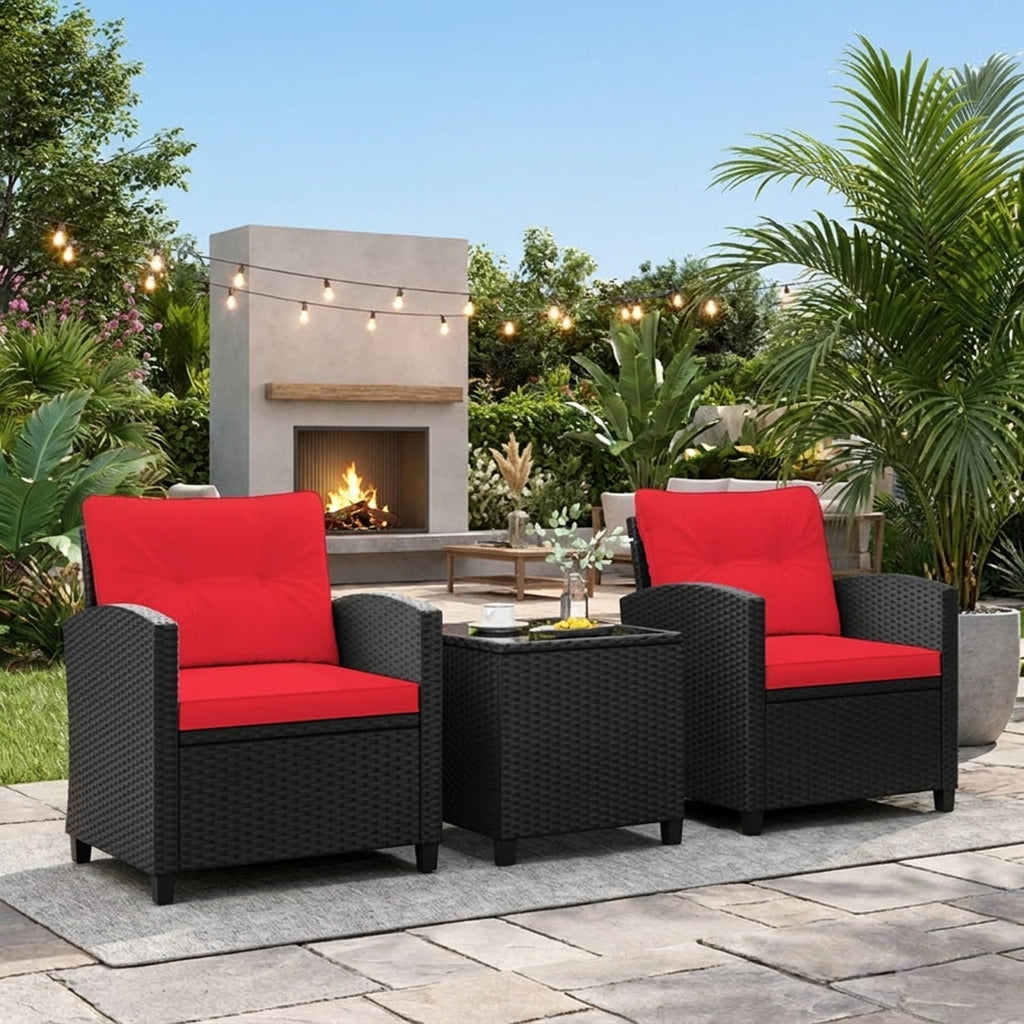 Biotree 3 Pieces Patio Furniture Set with Tempered Glass Coffee Table Outdoor Conversation Set for Garden Backyard Porch