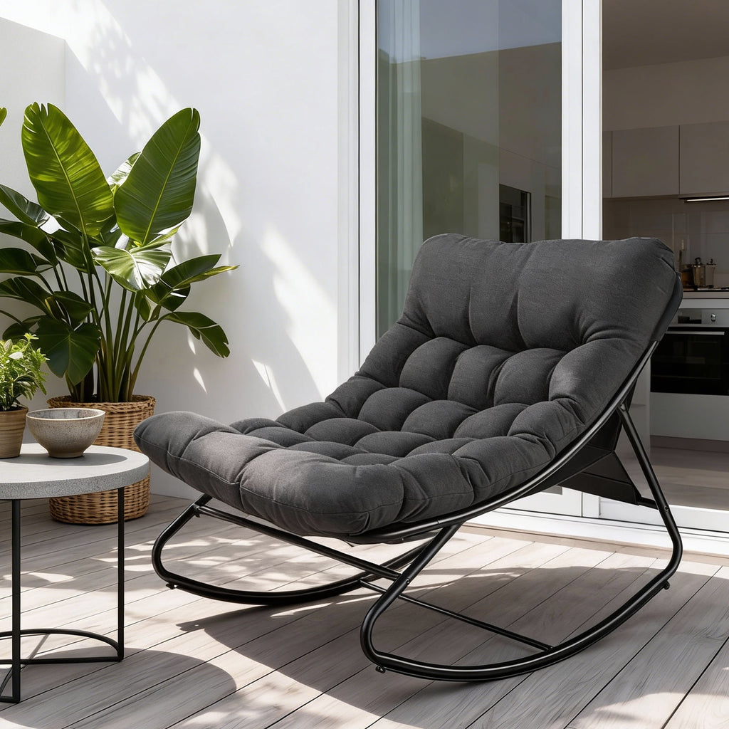 Biotree Oversized Outdoor Rocking Chair,Patio Rocker with Thick Cushion, Weather Resistant Mesh Rocking Chair for Porch, Backyard, Garden,Steel Frame,Black