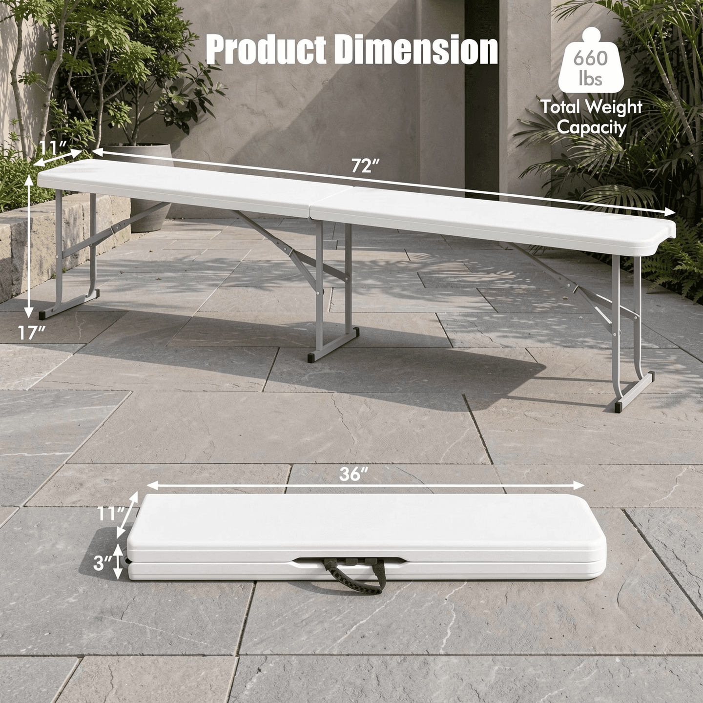 Biotree 6 Feet Plastic Folding Bench Picnic Camping Dining Seat with Carrying Handle Portable Outdoor Bench, White