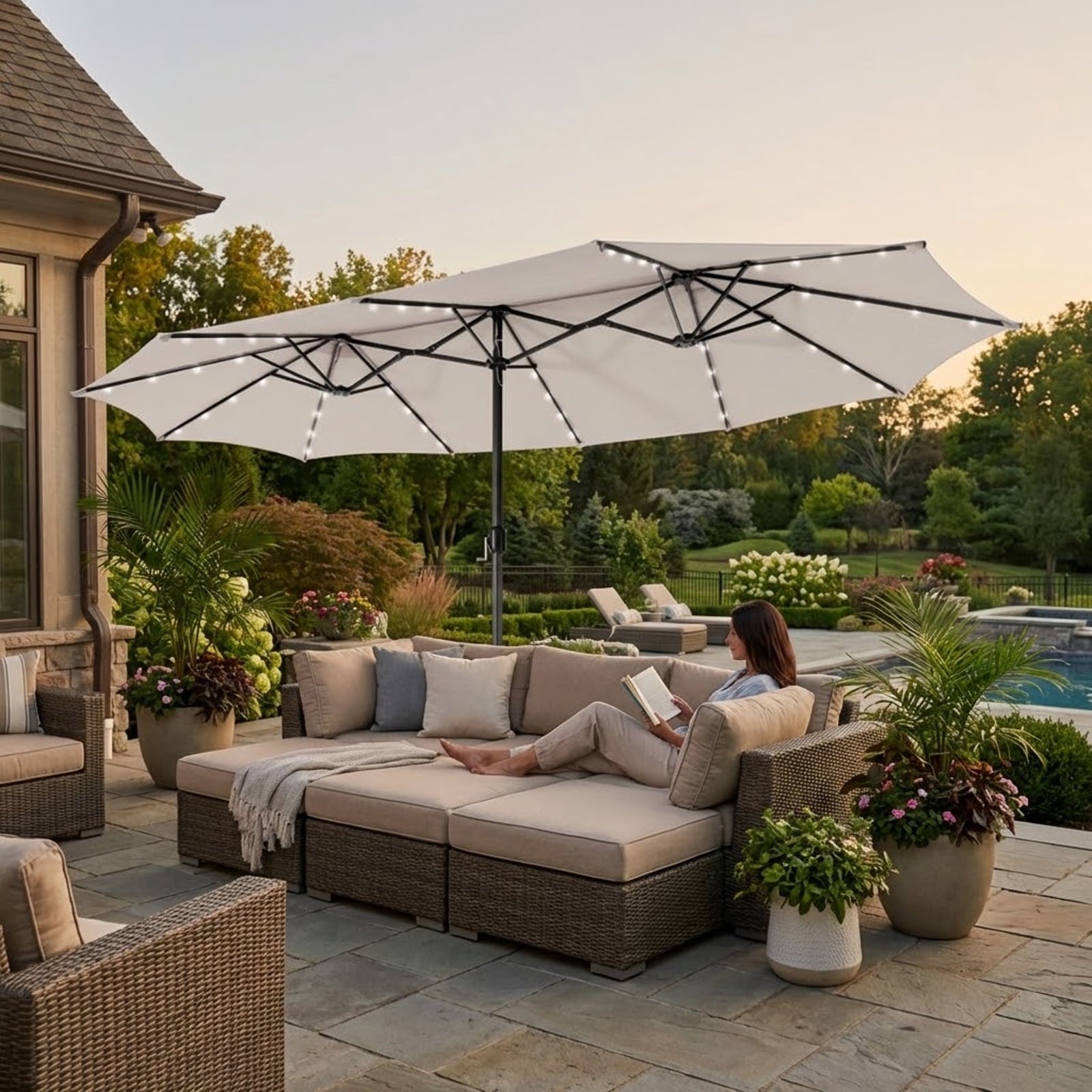 Biotree 15 Feet Twin Patio Umbrella with 48 Solar LED Lights-Beige Beige/Light Brown/Orange/Dark Red/Gray/Turquoise