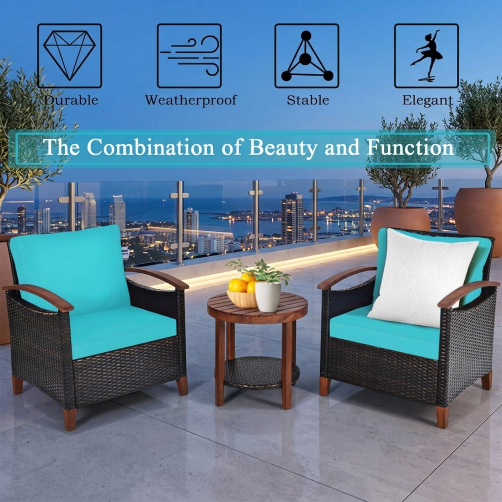 Biotree 3 Pieces Patio Rattan Furniture Set with Washable Cushion and Acacia Wood TabletopTurquoise