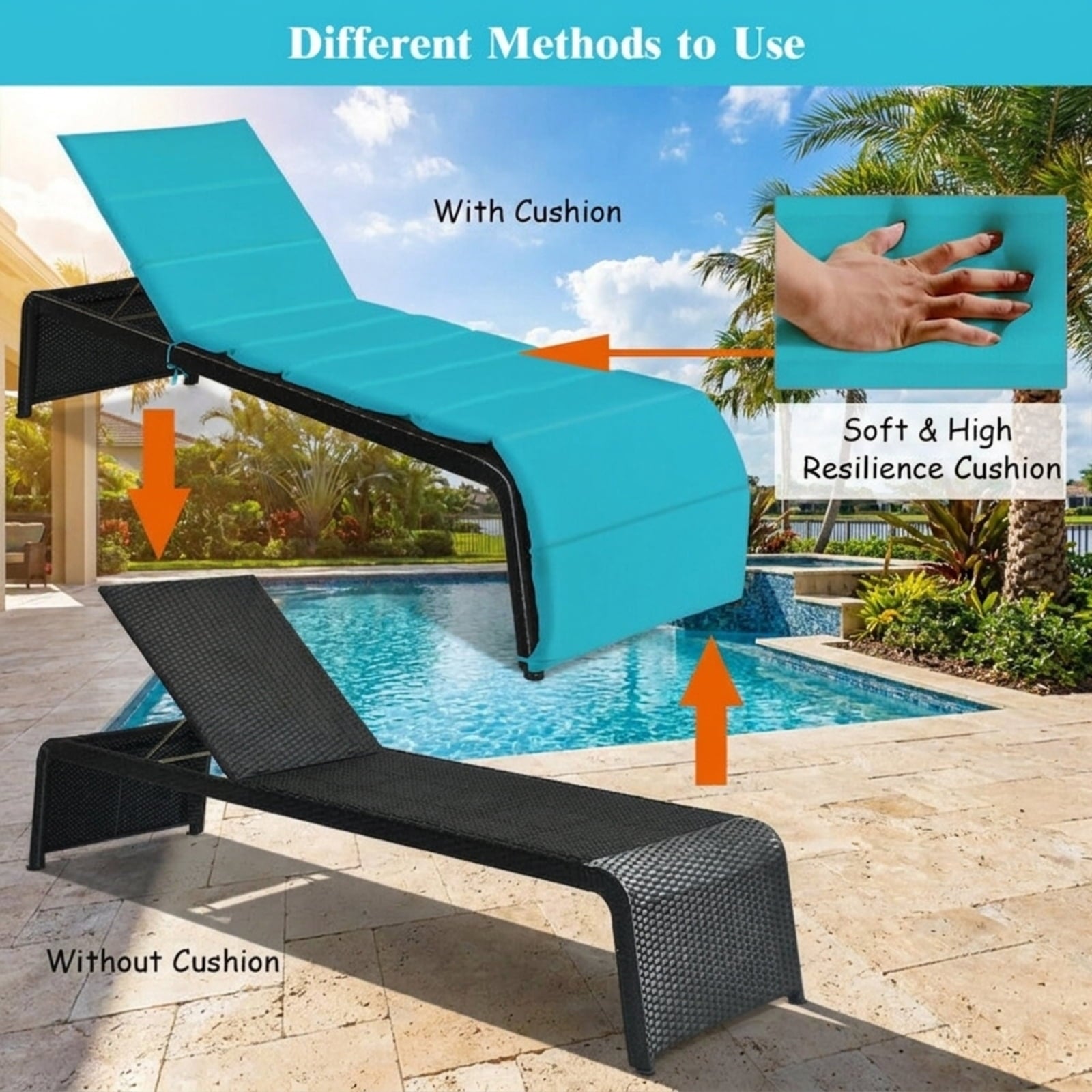 Biotree Patio Rattan Lounge Chair Back Adjustable Chaise Recliner with Cushioned Stackable Patio Chair for Garden BackyardTurquoise