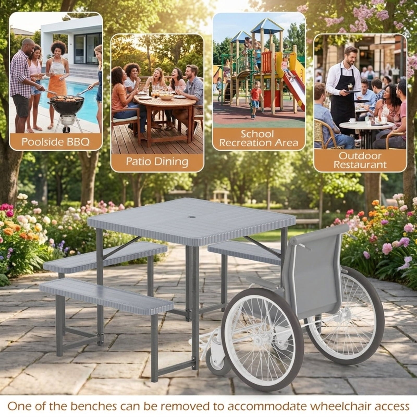 Biotree 63-Inch Outdoor Square Picnic Table Bench Set for 4-8 People with Umbrella Hole, Gray