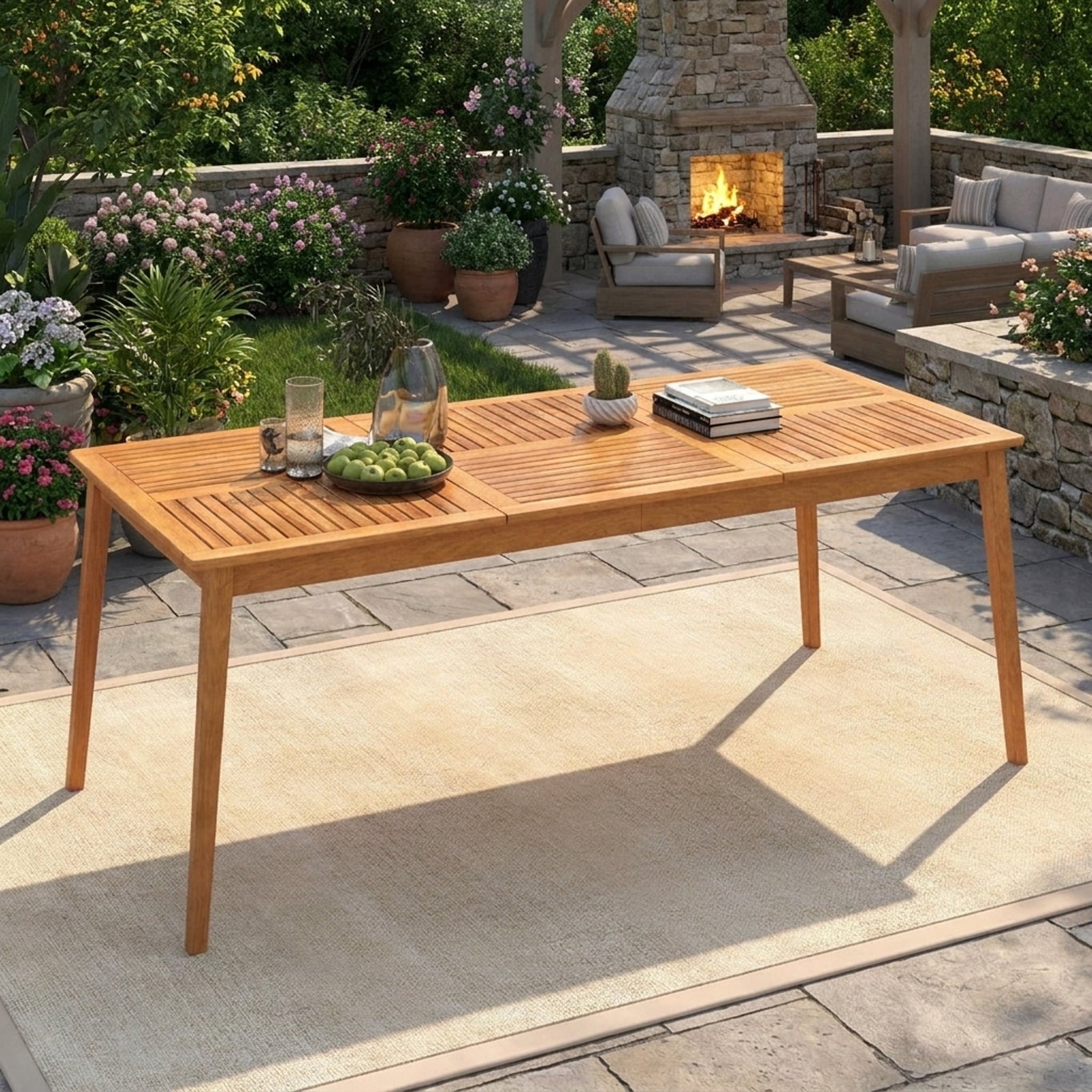 Biotree 79-Inch 8-Person Outdoor Acacia Wood Dining Rectangular Bistro Table with Umbrella Hole, Natural