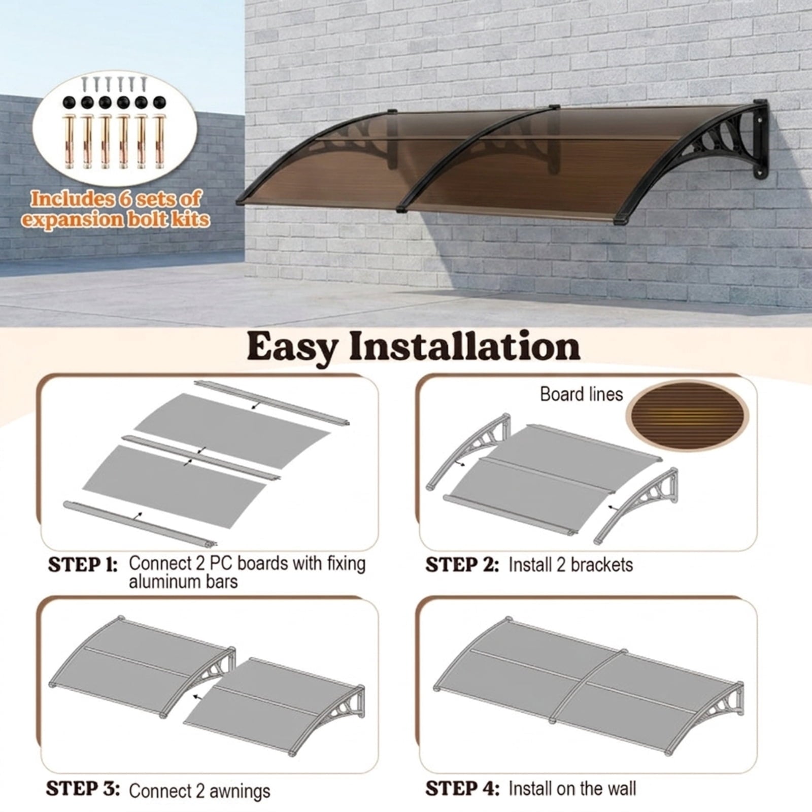 Biotree Outdoor Front Door Patio Overhang Awning for Sunlight Rain Snow Wind Protection-80 x 40 Inch for Patio Deck Door Window Sun Rain Protection, Coffee
