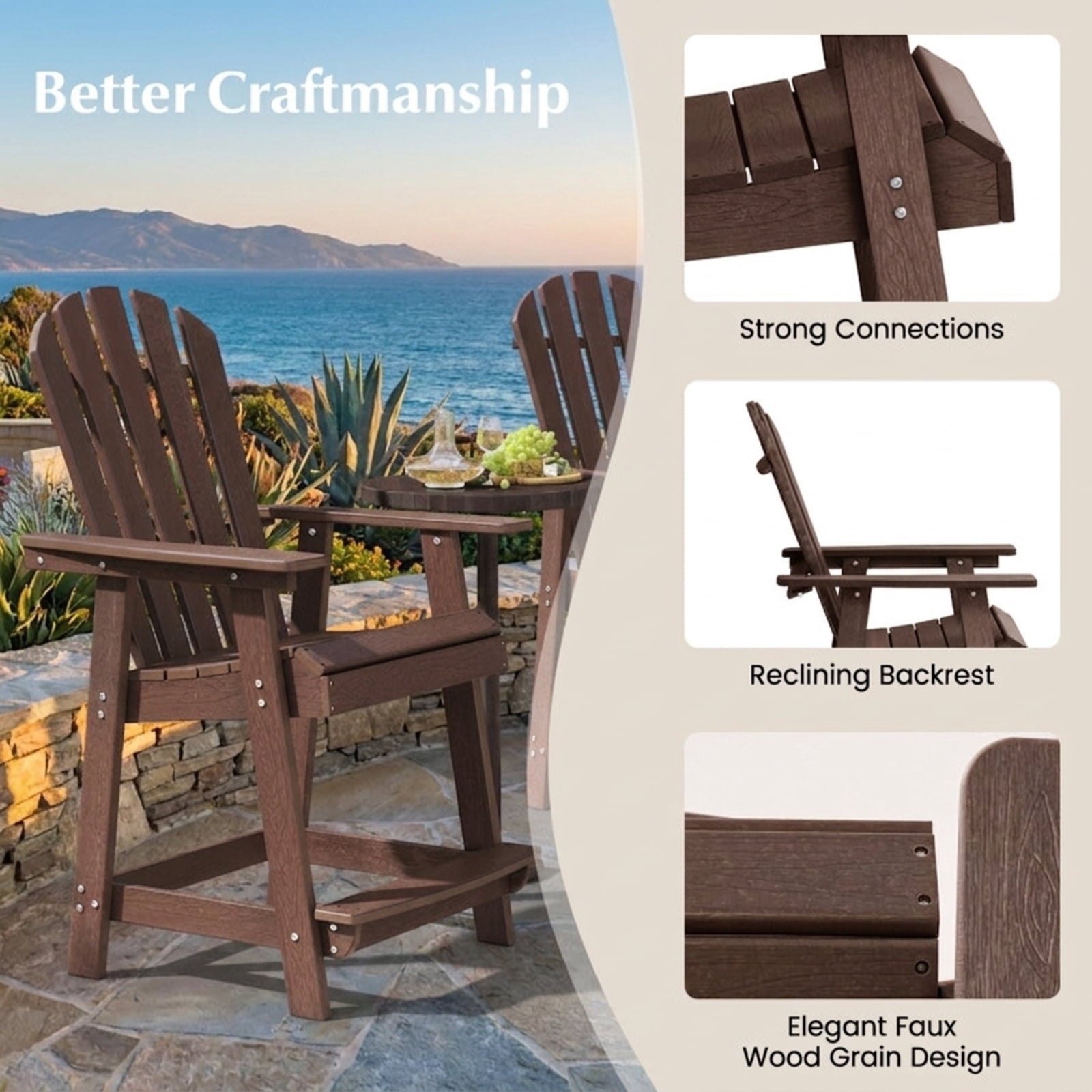 Biotree HDPE Patio Chair with Armrest and Footrest for Indoor Outdoor Stackable Patio Chair for Garden BackyardBrown
