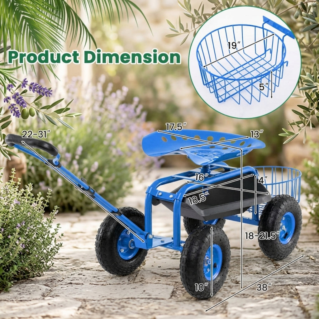 Biotree Rolling Garden Cart with 360¡ã Swivel Seat, Height Adjustable Garden Scooter, Heavy Duty Yard Cart with Tool Tray and Storage Basket for Gardening Weeding Yard Work Blue