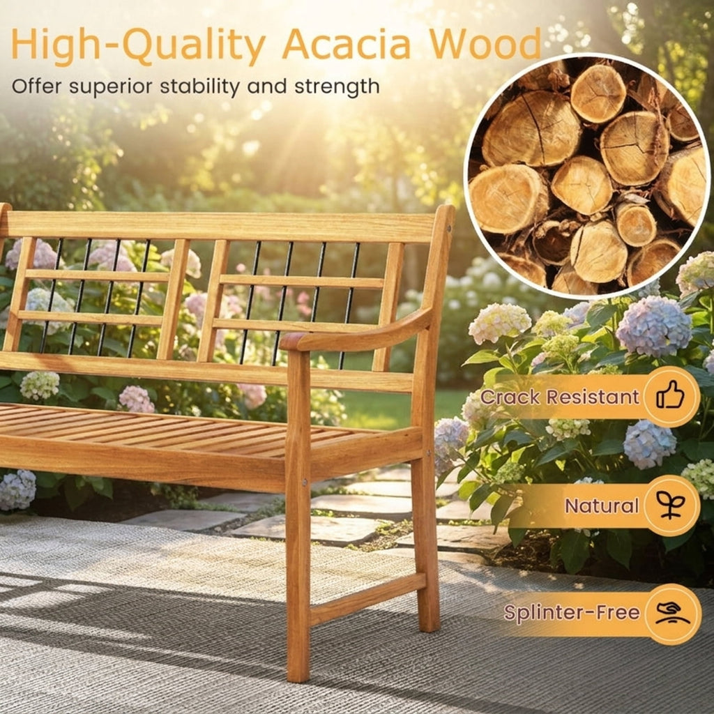 Biotree Patio Acacia Wood Bench with Curved Armrests Slatted Seat and Backrest Stackable Patio Chair for Garden BackyardNatural