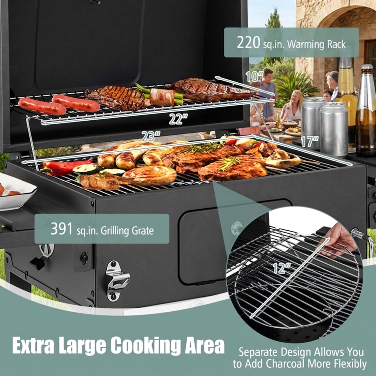 Biotree Outdoor BBQ Charcoal Grill with Folding Side Tables, Portable Charcoal BBQ Smoker on Wheels, Charcoal Grill Cooker with Thermometer for Backyard Patio Camping Black