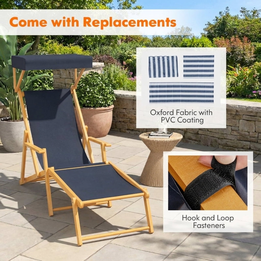 Biotree Birch Wood Chaise Lounge Chair Foldable Beach Chair with Adjustable Canopy Stackable Patio Chair for Garden BackyardNavy