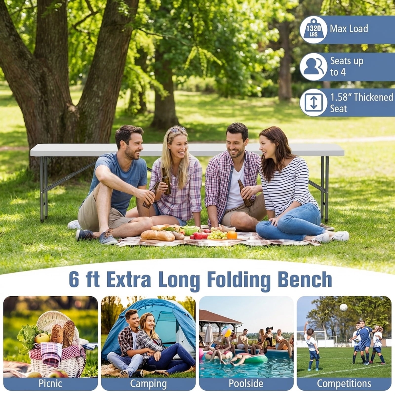 Biotree 6 Feet Plastic Folding Bench Portable Seat with Handle and Lock, White