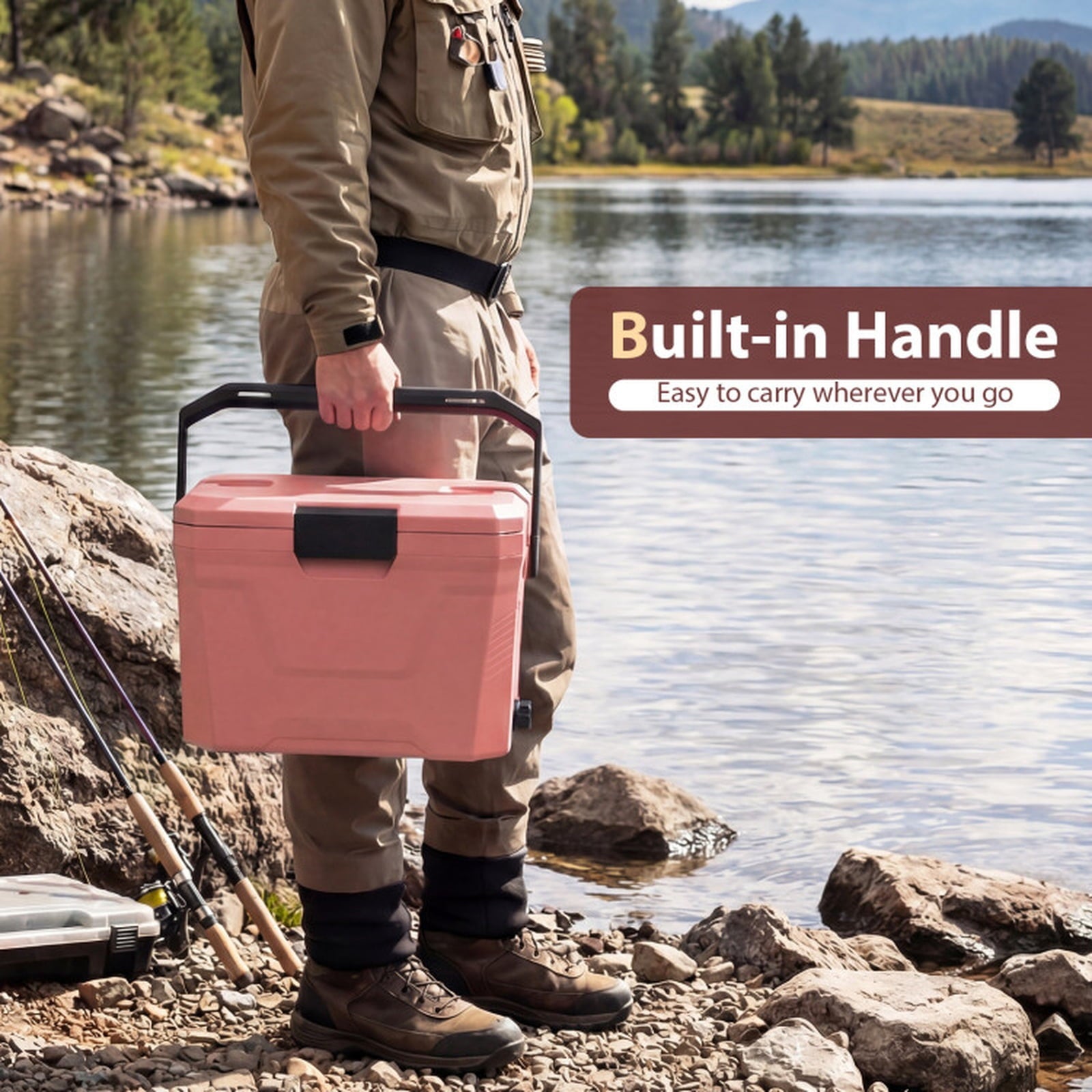 Biotree 21 Qt Insulated Portable Cooler Hard Shell Ice Chest with 2 Cup Holders, Pink