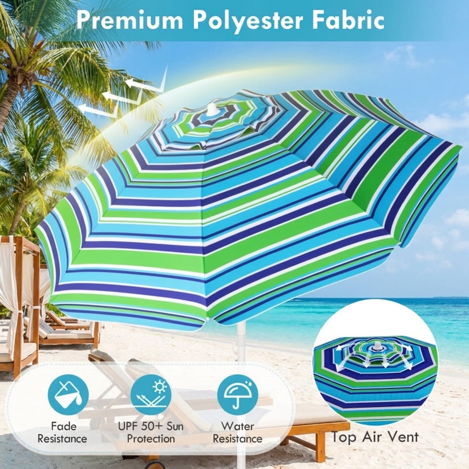 Biotree 7.2 ft Portable Beach Umbrella with Carrying Bag, 8 Ribs, Sand Tilt Mechanism - Green for Backyard