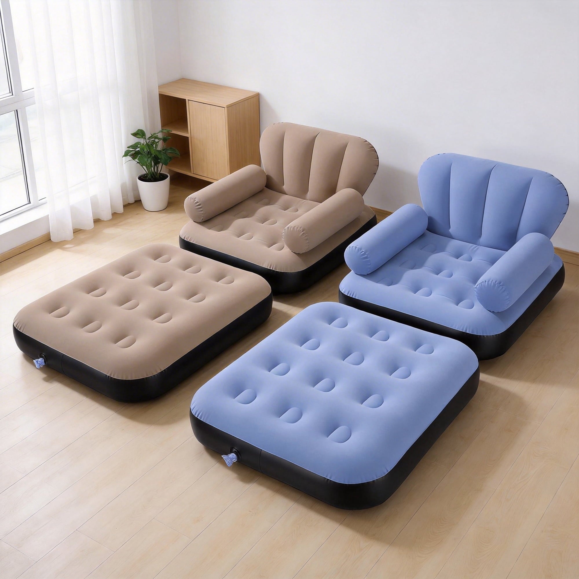 Biotree Inflatable Sofa Bed, 5-in-1 Foldable Thickened Flocked PVC Blow up Sofa with 2 Pumps, Air Couch Mattress for Camping,Brown
