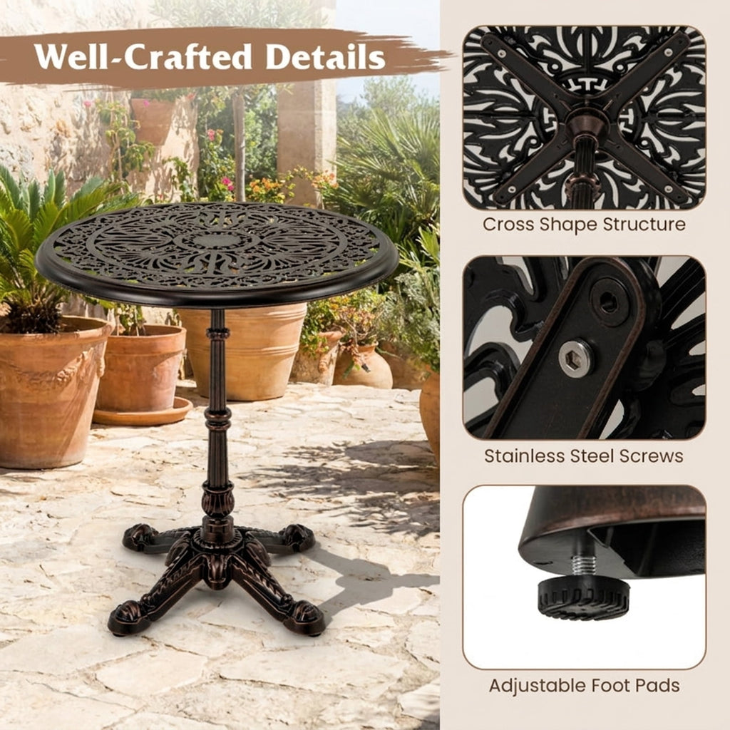 Biotree 27Inch Round Cast Aluminum Patio Bistro Table with Hollow Top, Walnut