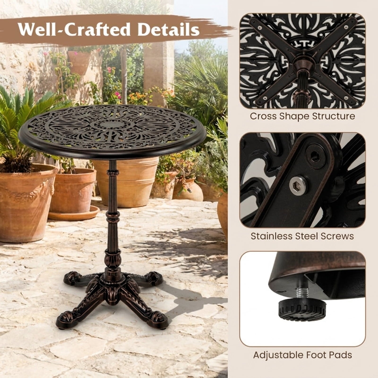 Biotree 27Inch Round Cast Aluminum Patio Bistro Table with Hollow Top, Walnut