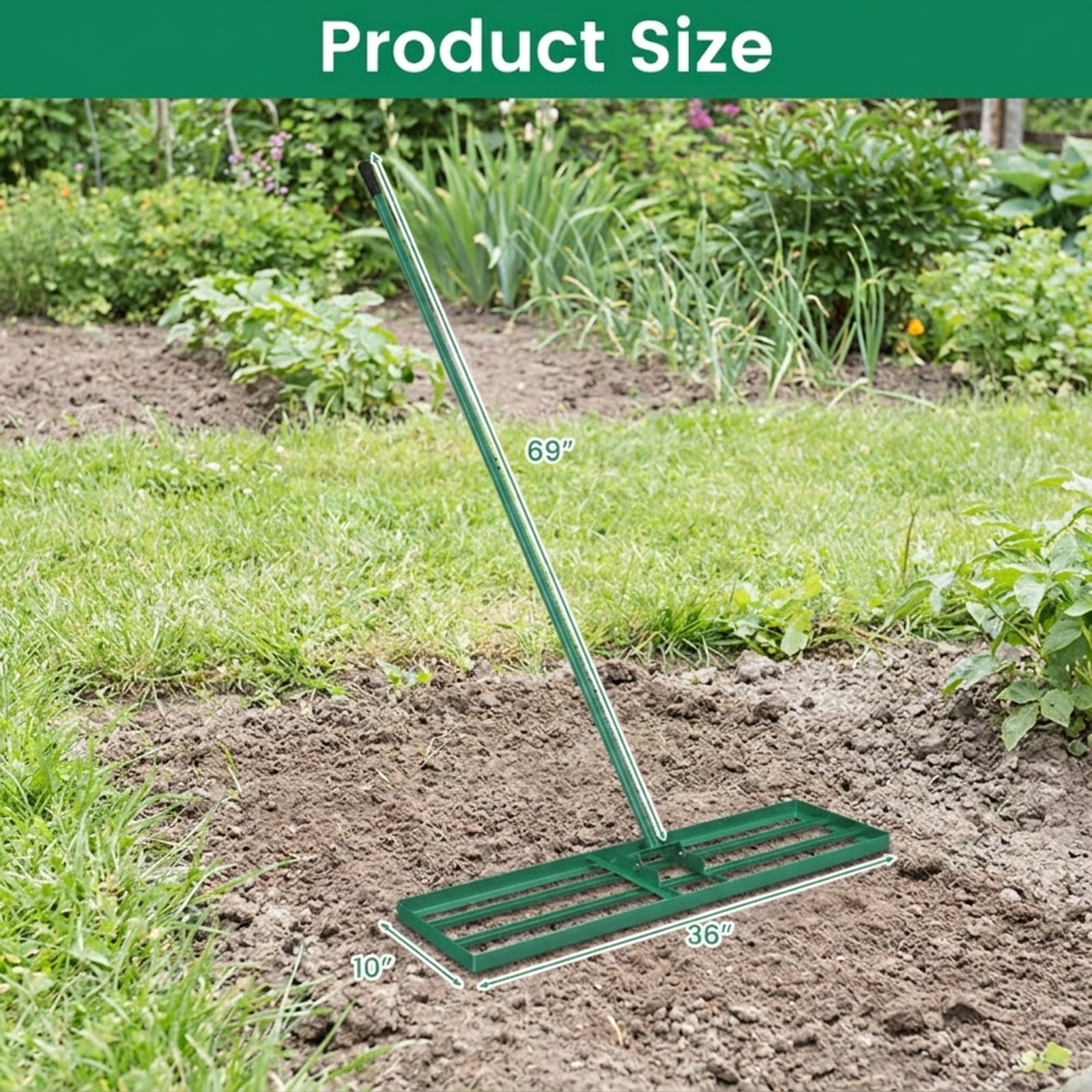 Biotree 36 x 10 Inch Lawn Leveling Rake with Ergonomic Handle for Lawn Garden Yard Soil Care, Green