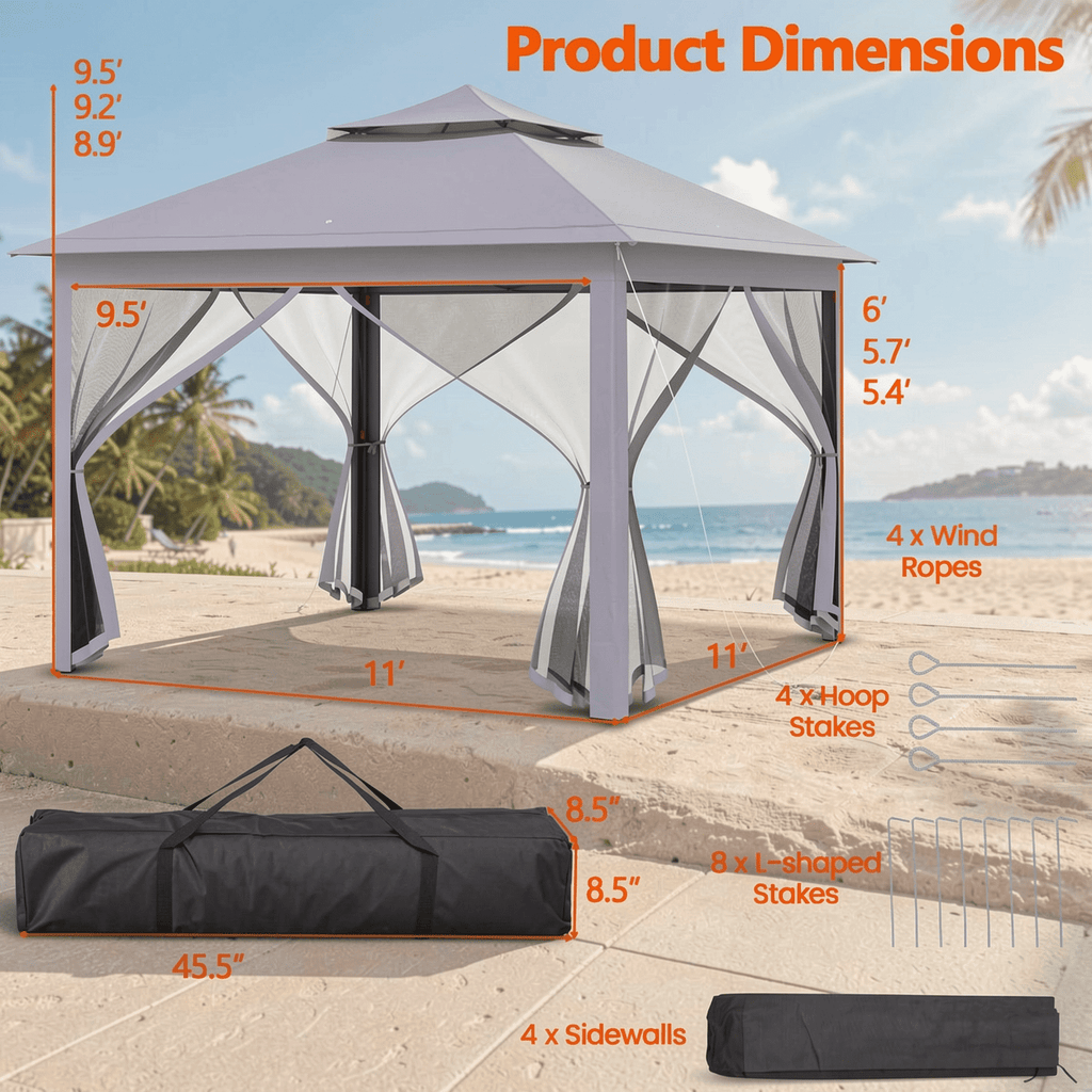 Biotree 11 x 11 Feet 2-Tier Pop-Up Gazebo Tent Portable Canopy Shelter with Mesh Netting and Carry Bag, Outdoor Event Gazebo for Backyard Patio Garden Party, Gray