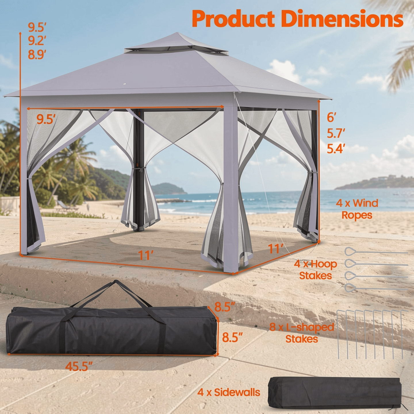 Biotree 11 x 11 Feet 2-Tier Pop-Up Gazebo Tent Portable Canopy Shelter with Mesh Netting and Carry Bag, Outdoor Event Gazebo for Backyard Patio Garden Party, Gray