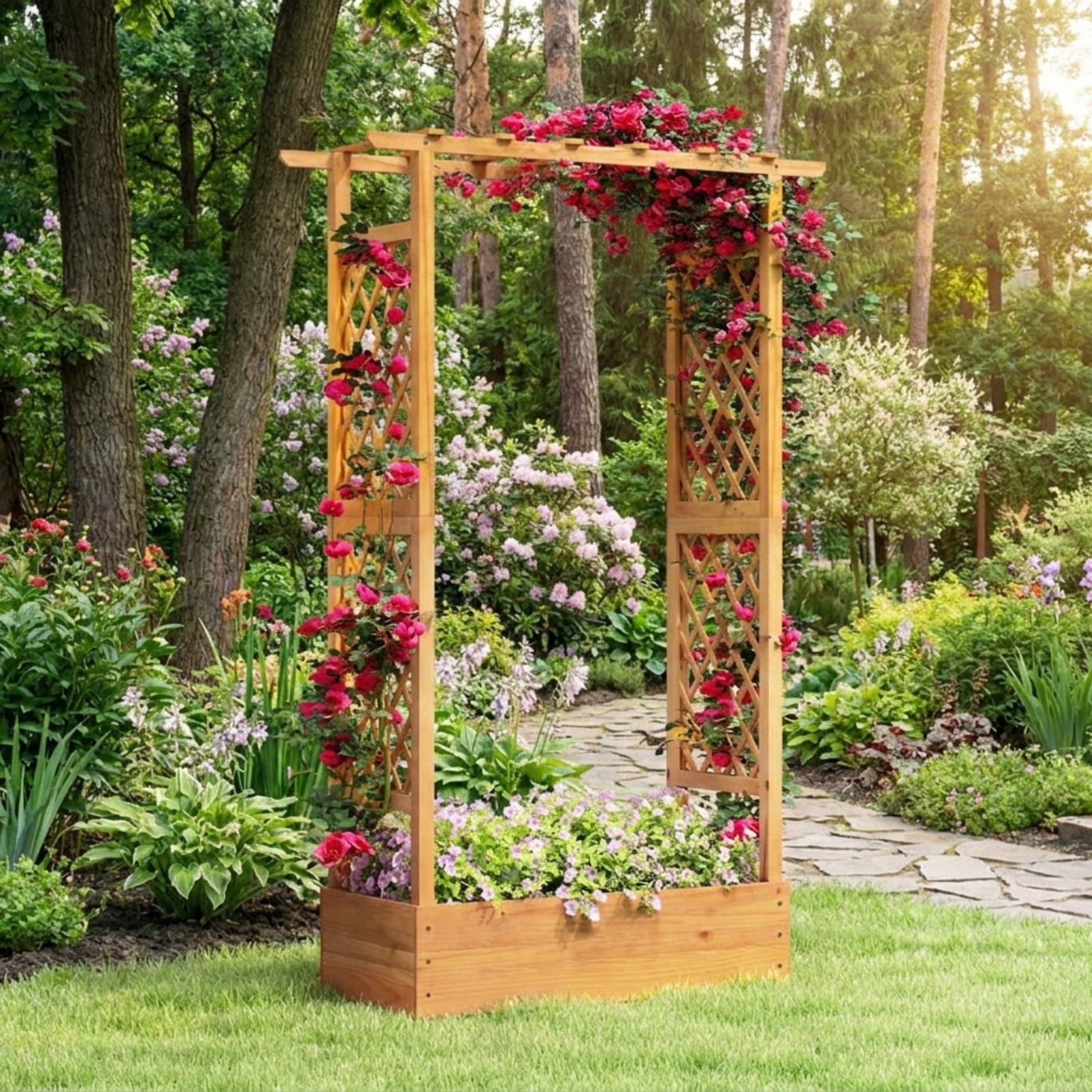 Biotree 70 Inch Wooden Raised Garden Bed with Lattice Trellis for Climbing Plants, 43x16.5x70 Inch Pine Wood Tall Outdoor Planter Box for Patio Yard, Orange Finish
