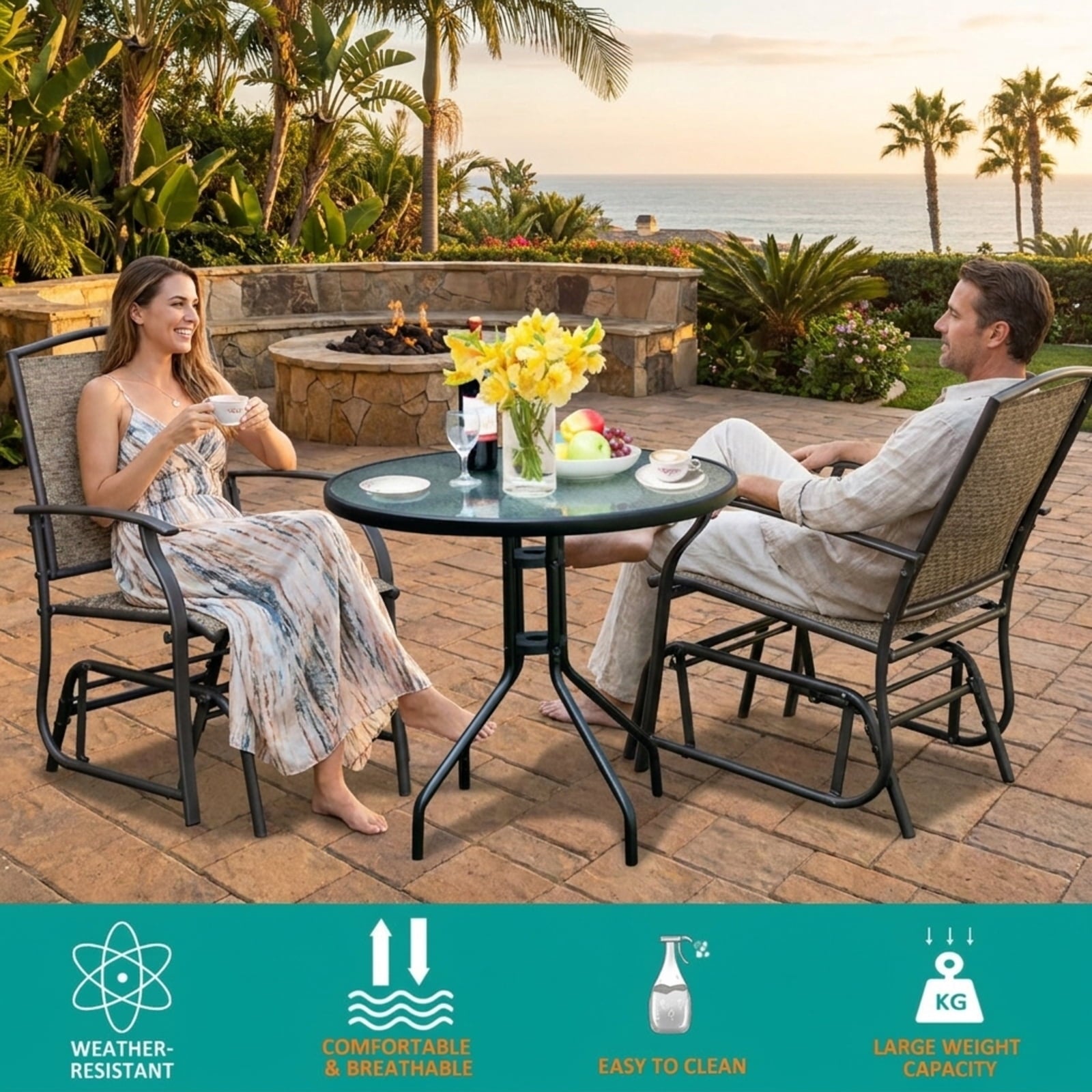 Biotree 2 Pieces Patio Swing Single Glider Chair Rocking Seating Stackable Patio Chair for Garden BackyardBrown